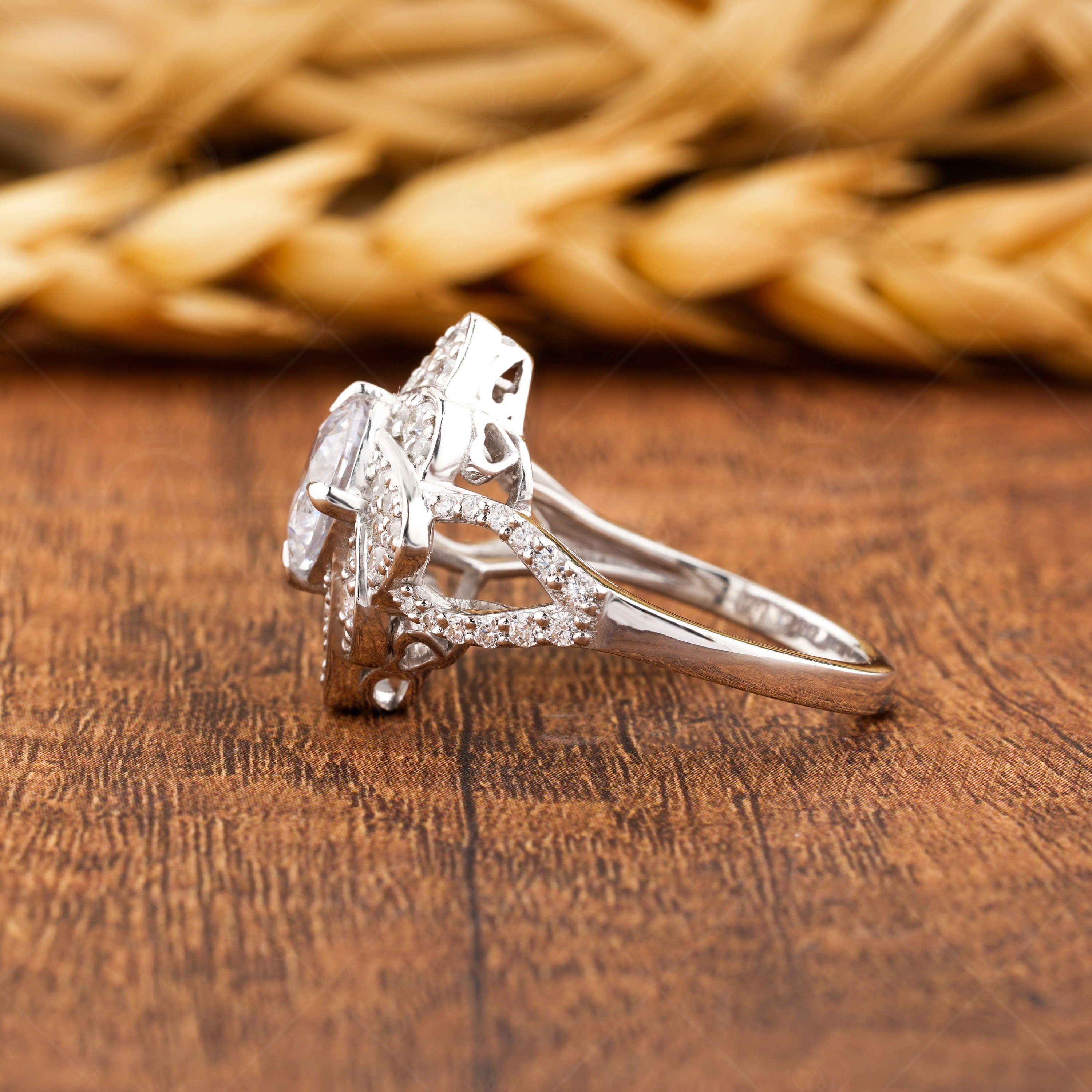 Flower Nature Inspired Ring For Women, 14K Gold Art Deco Floral Ring, Unique Cushion Cut Moissanite Engagement Ring, Promise Ring For Her