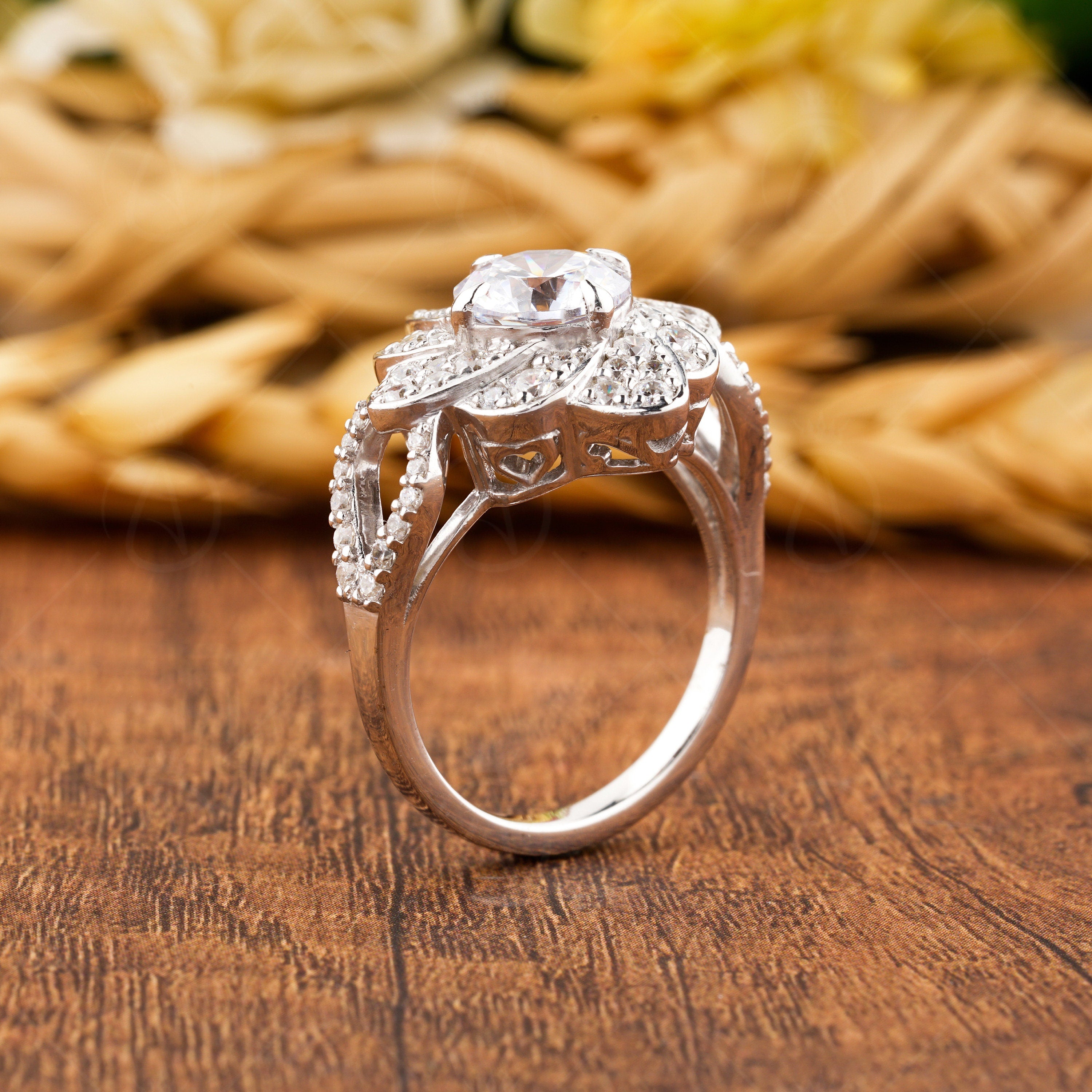 Flower Nature Inspired Ring For Women, 14K Gold Art Deco Floral Ring, Unique Cushion Cut Moissanite Engagement Ring, Promise Ring For Her