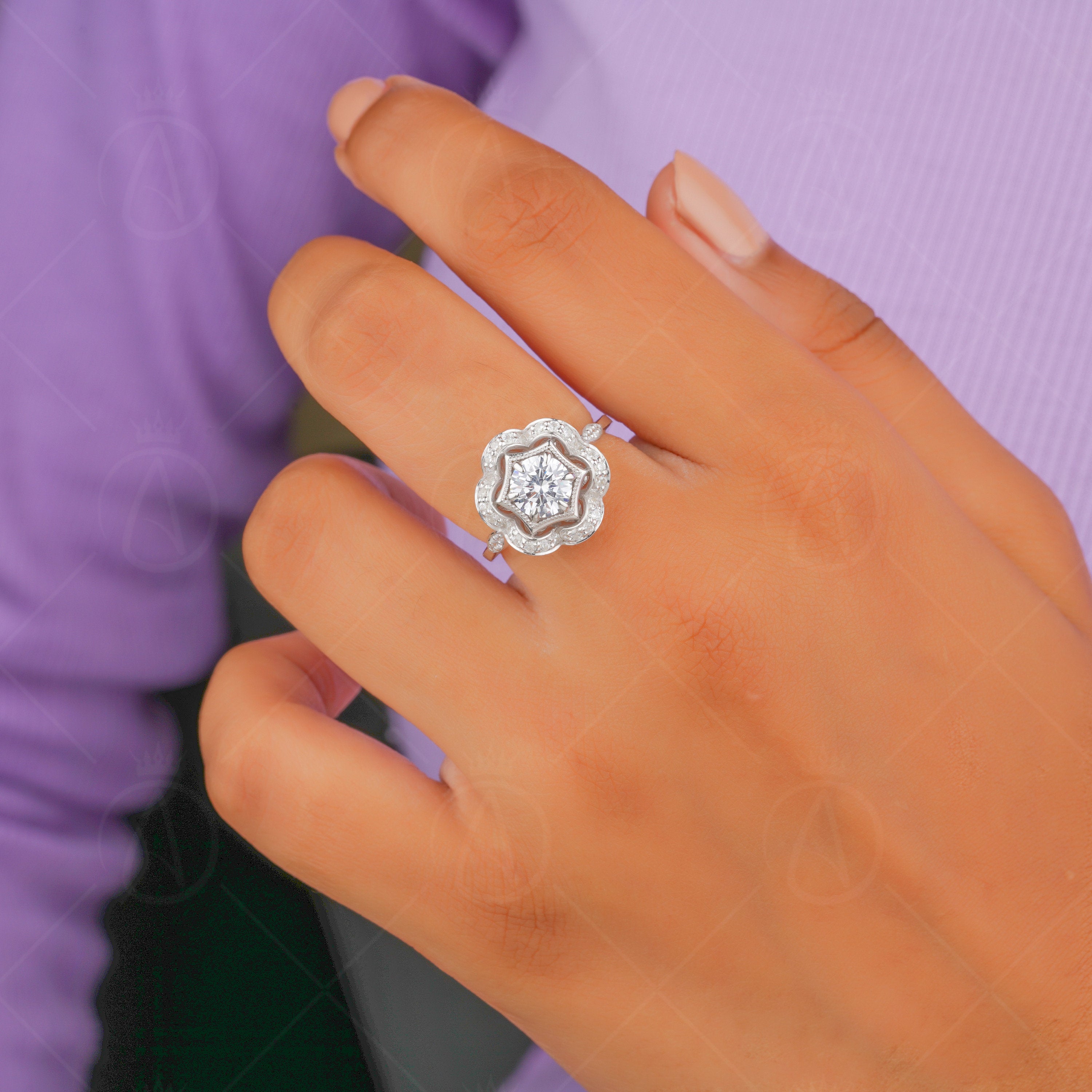 Nature Inspired Engagement Ring, Moissanite Flower Ring, Round Hexagon Shape Ring, Floral Nature Rings For Women, Art Deco Promise Ring