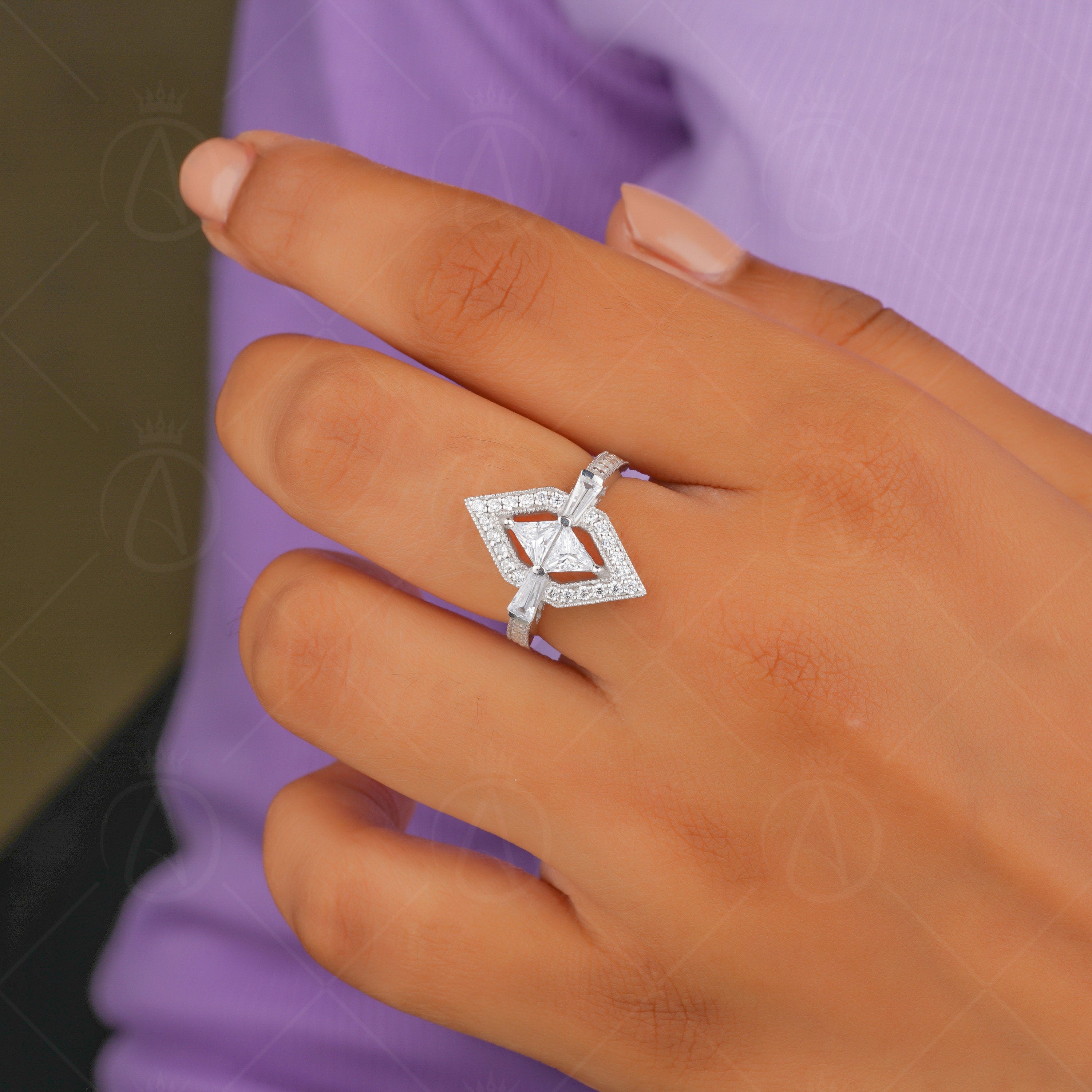 Moissanite Triangle Art Deco Engagement Ring, Unique Hexagon Shape Geometric Ring, Milgrain Ring For Women, Two Triangle Halo Ring