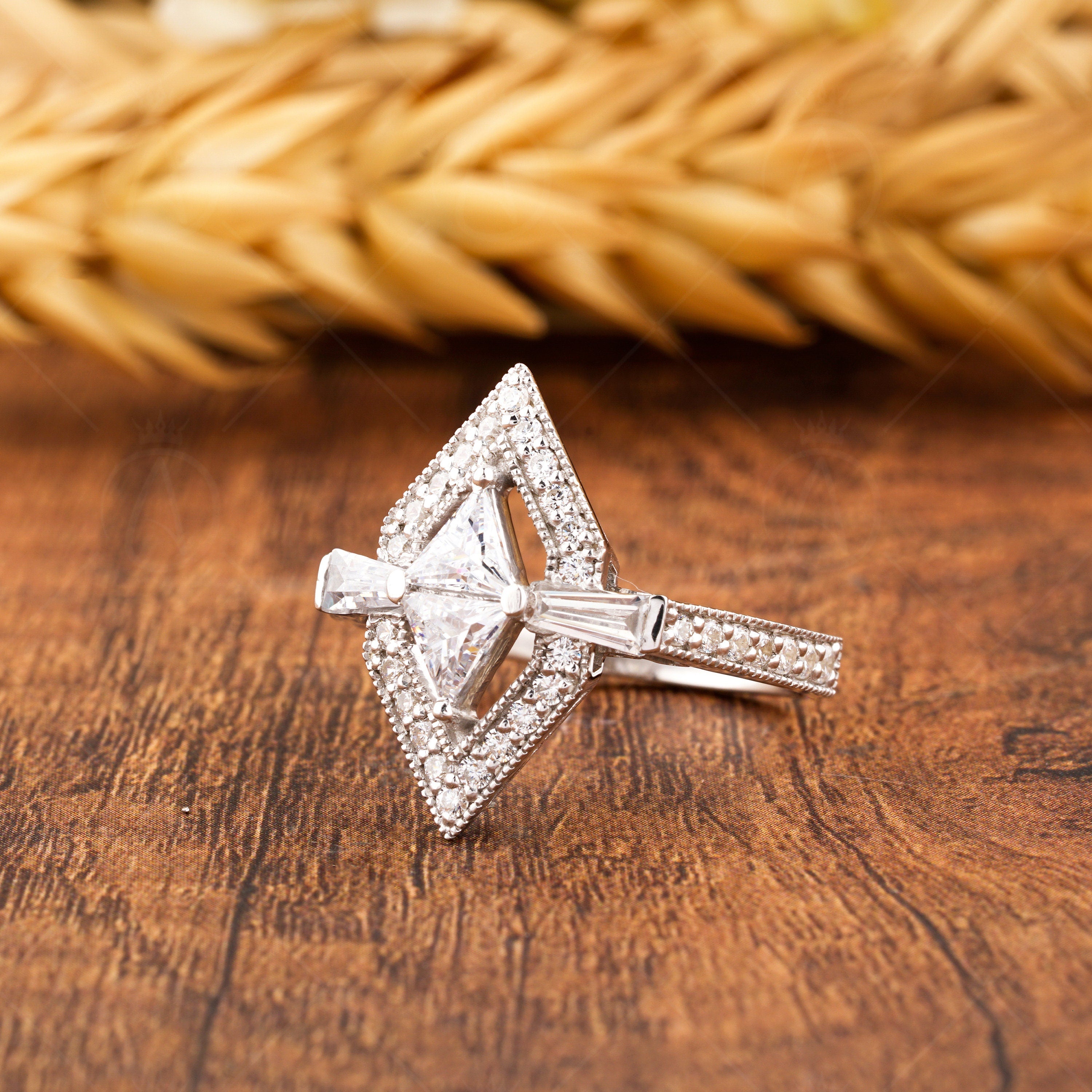 Moissanite Triangle Art Deco Engagement Ring, Unique Hexagon Shape Geometric Ring, Milgrain Ring For Women, Two Triangle Halo Ring