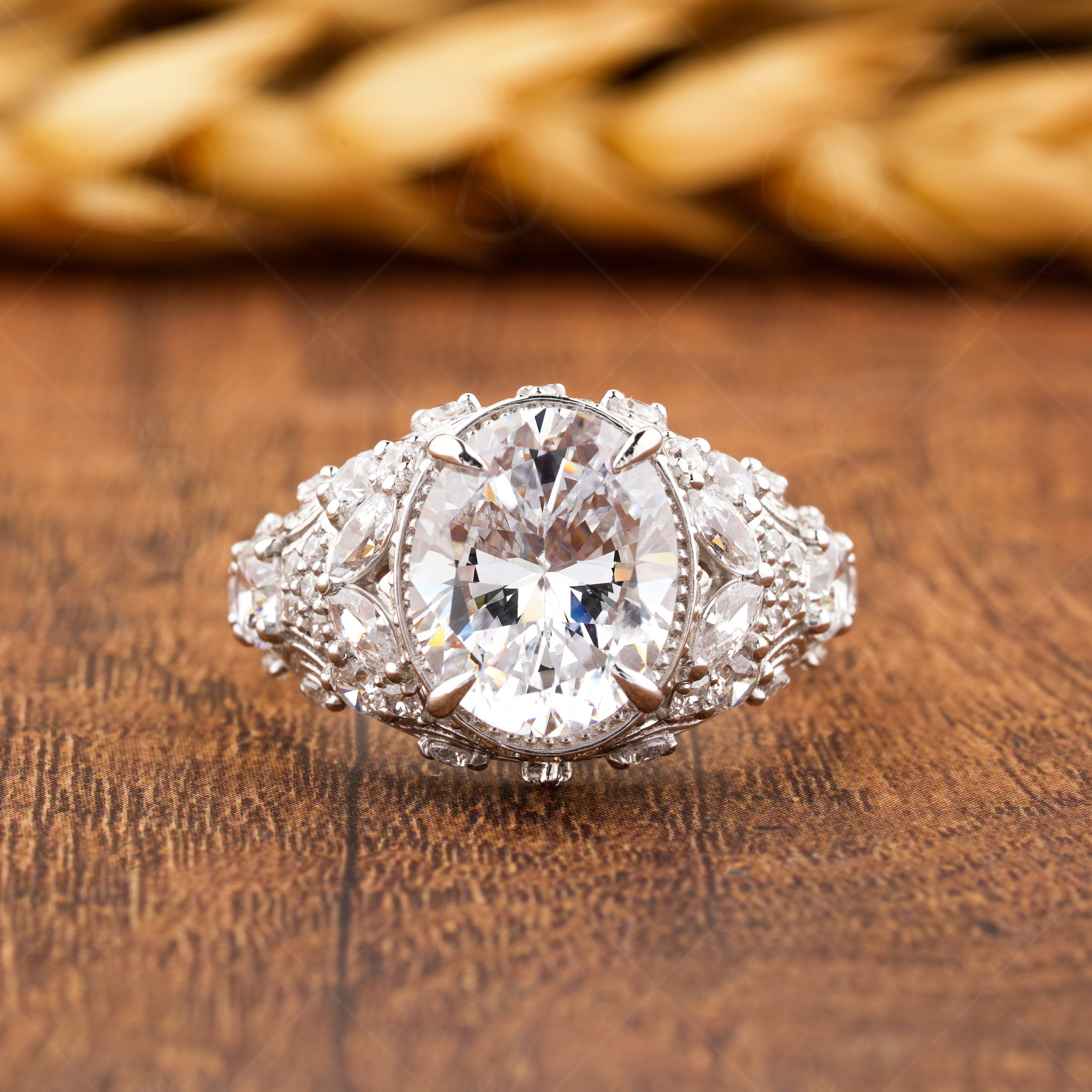 Art Deco Oval Engagement Ring, Moissanite Unique Rings For Women, Vintage Style Wedding Ring, Antique Filigree Ring, Carved Ring