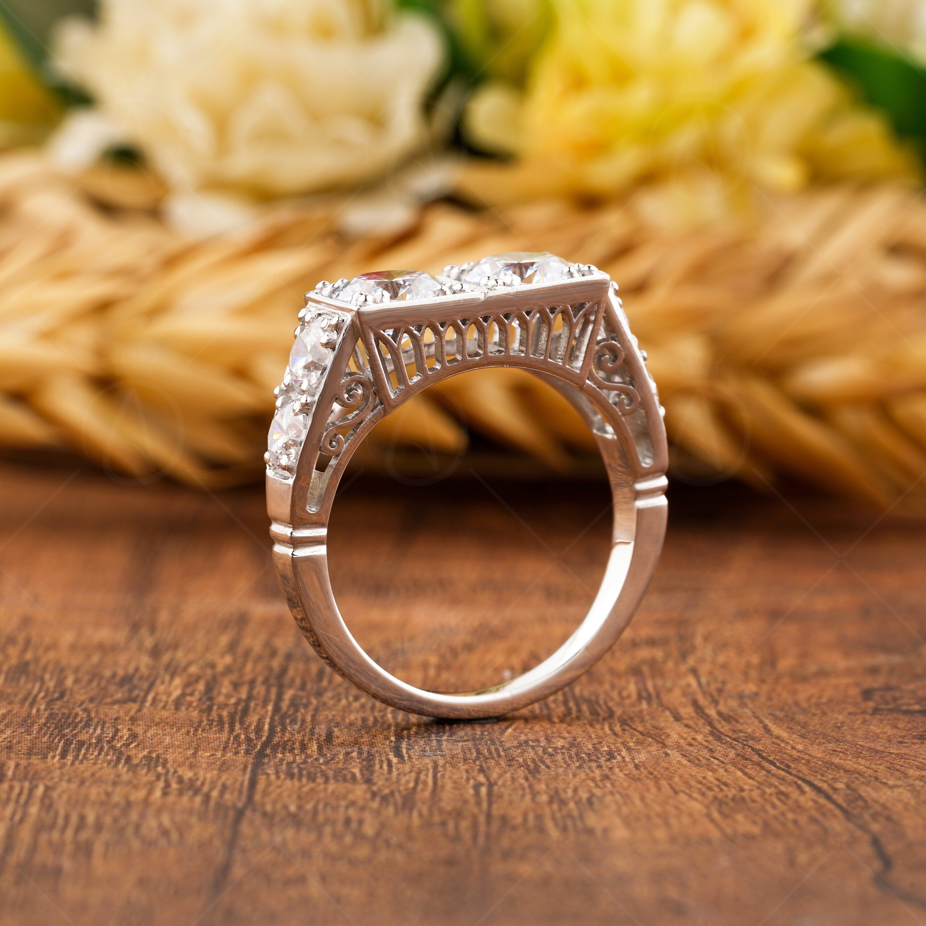 Two Stone Vintage Engagement Ring, 1920s Edwardian Style Moissanite Ring, Double Round Stone Ring, Unique Gold Promise Rings For Women,