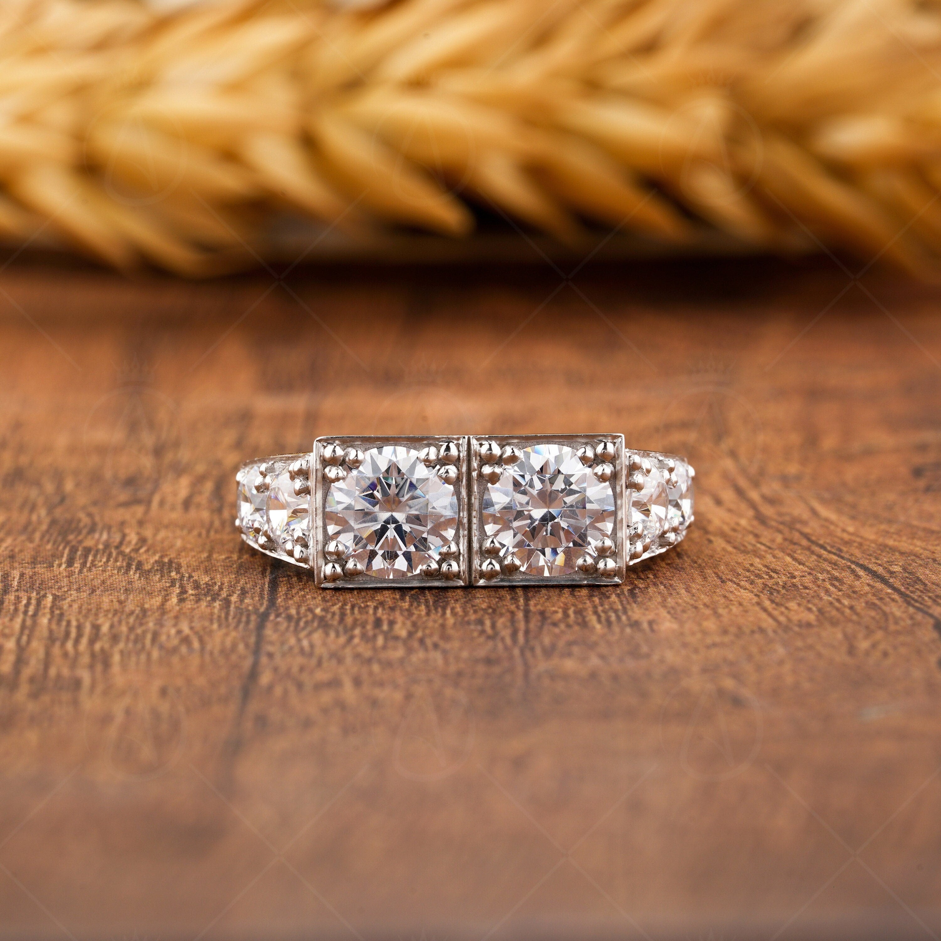 Two Stone Vintage Engagement Ring, 1920s Edwardian Style Moissanite Ring, Double Round Stone Ring, Unique Gold Promise Rings For Women,