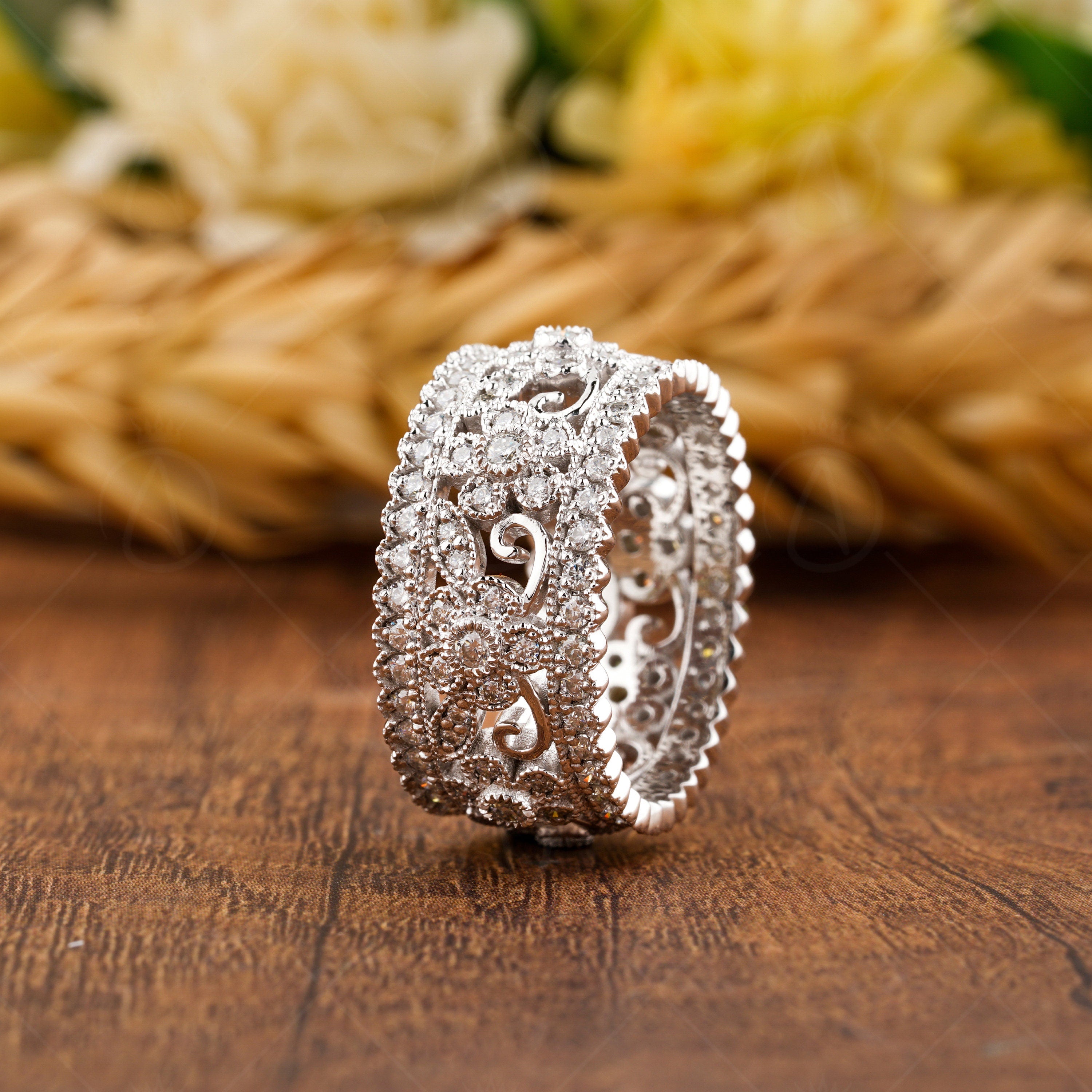 Flower Nature Inspired Wedding Bands For Women, Moissanite Full Eternity Anniversary Band, Art Deco Leaf And Vine Milgrain Wide Band Ring