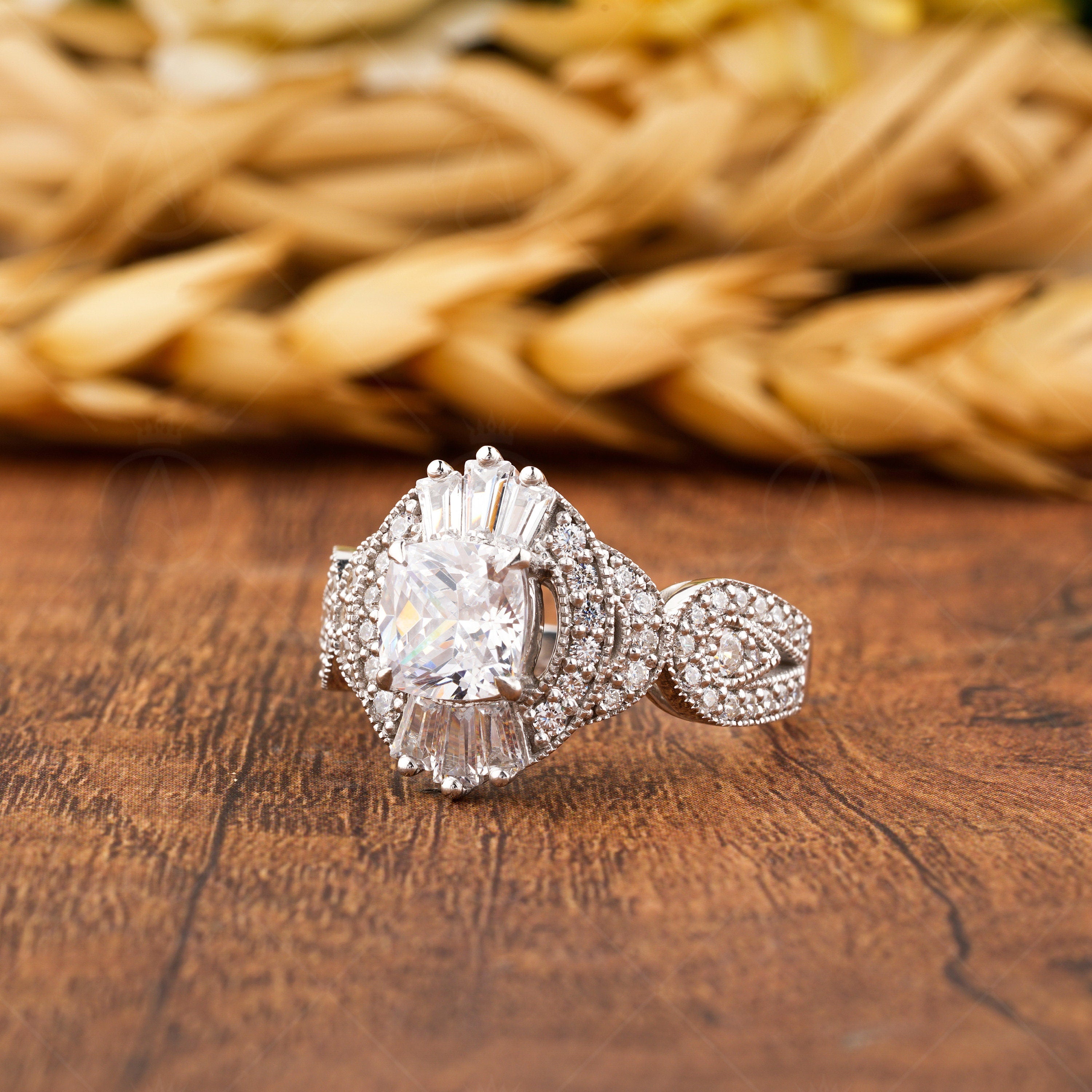 Cushion Cut Moissanite Art Deco Engagement Ring, Unique Milgrain Rings For Women, Silver & Gold Vintage Inspired Ring, Promise Ring For Her