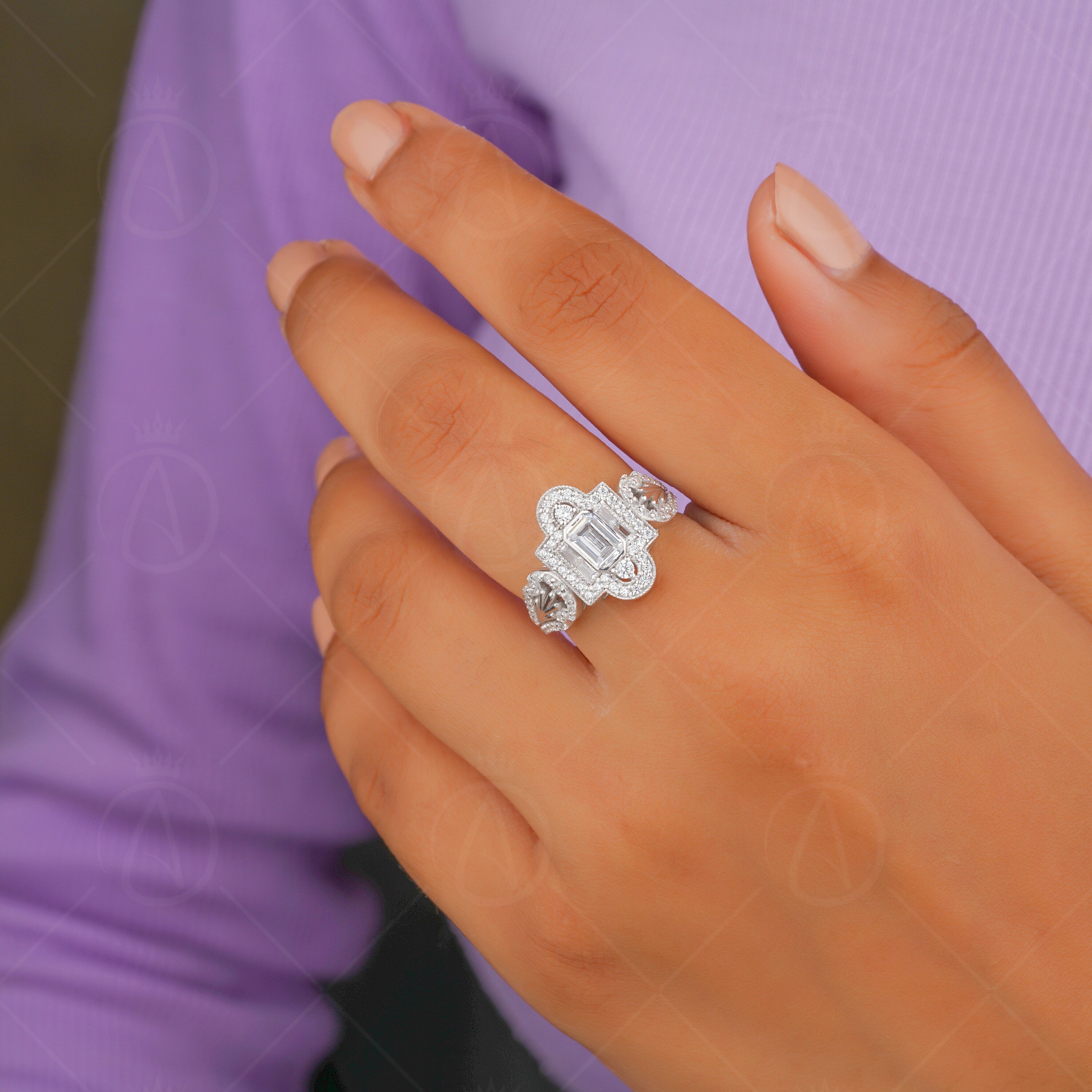 Art Deco Moissanite Rings For Women, Edwardian Style Inspired Engagement Ring, Unique Emerald Cut Vintage Milgrain Ring, Promise Ring For Her