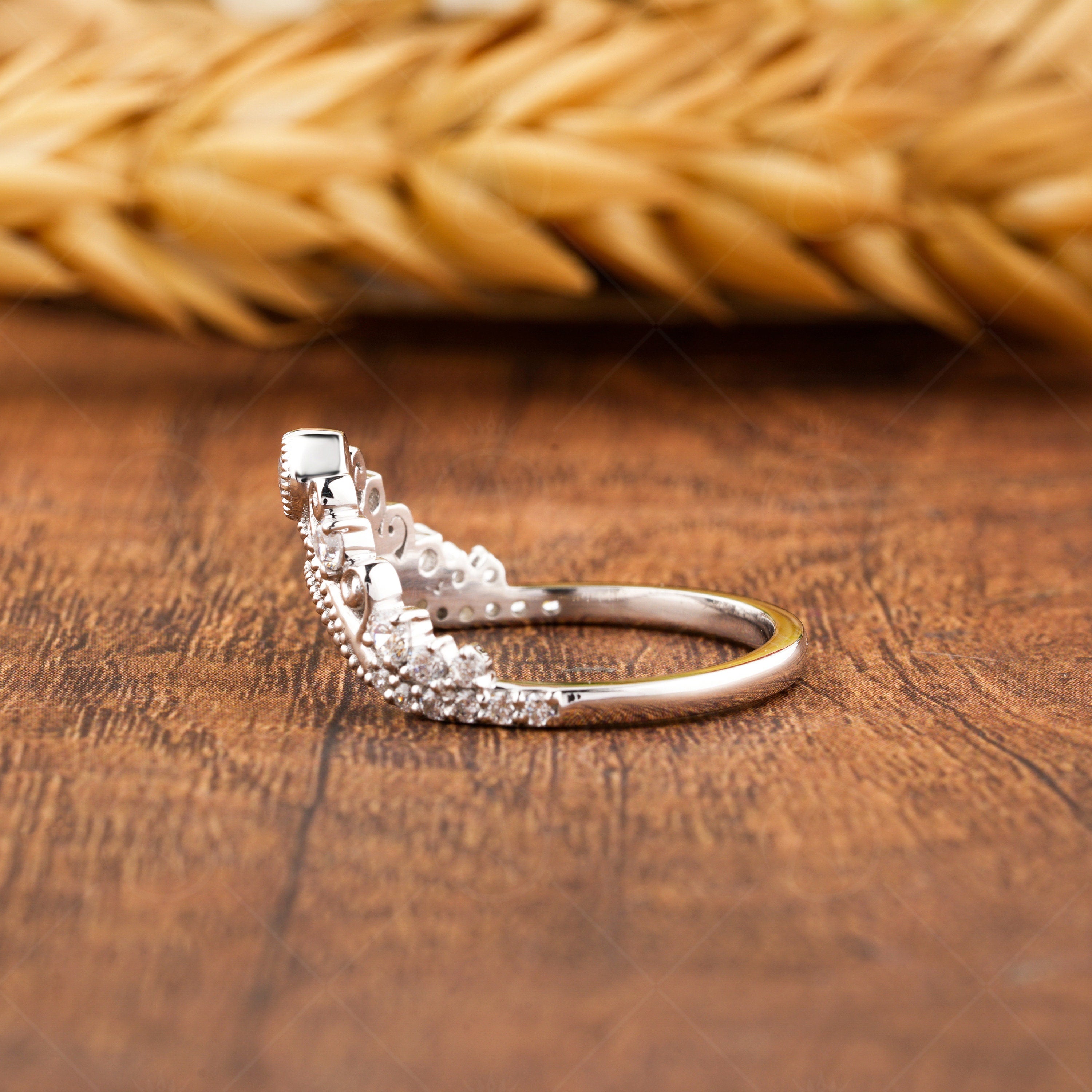 Vintage Curved Wedding Bands Women, Chevron Moissanite Band, Crown Style Stackable Rings, Unique Bridal Matching Band, Art Deco Curve Band