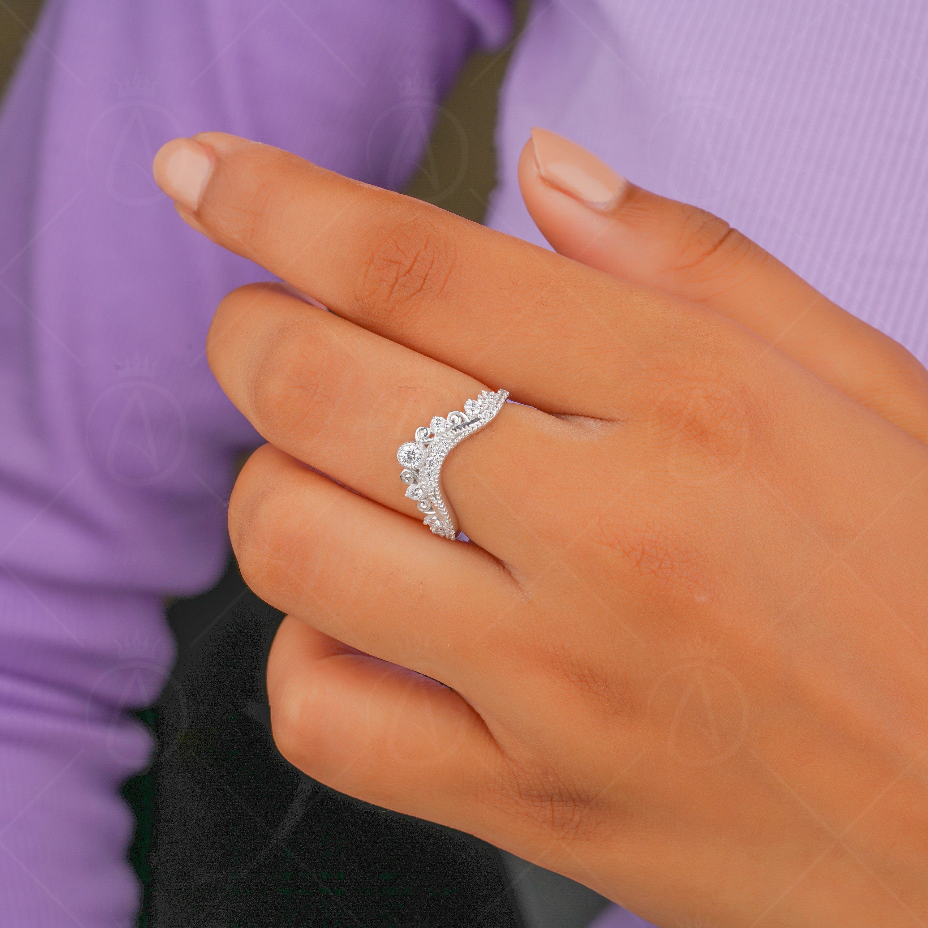 Vintage Curved Wedding Bands Women, Chevron Moissanite Band, Crown Style Stackable Rings, Unique Bridal Matching Band, Art Deco Curve Band