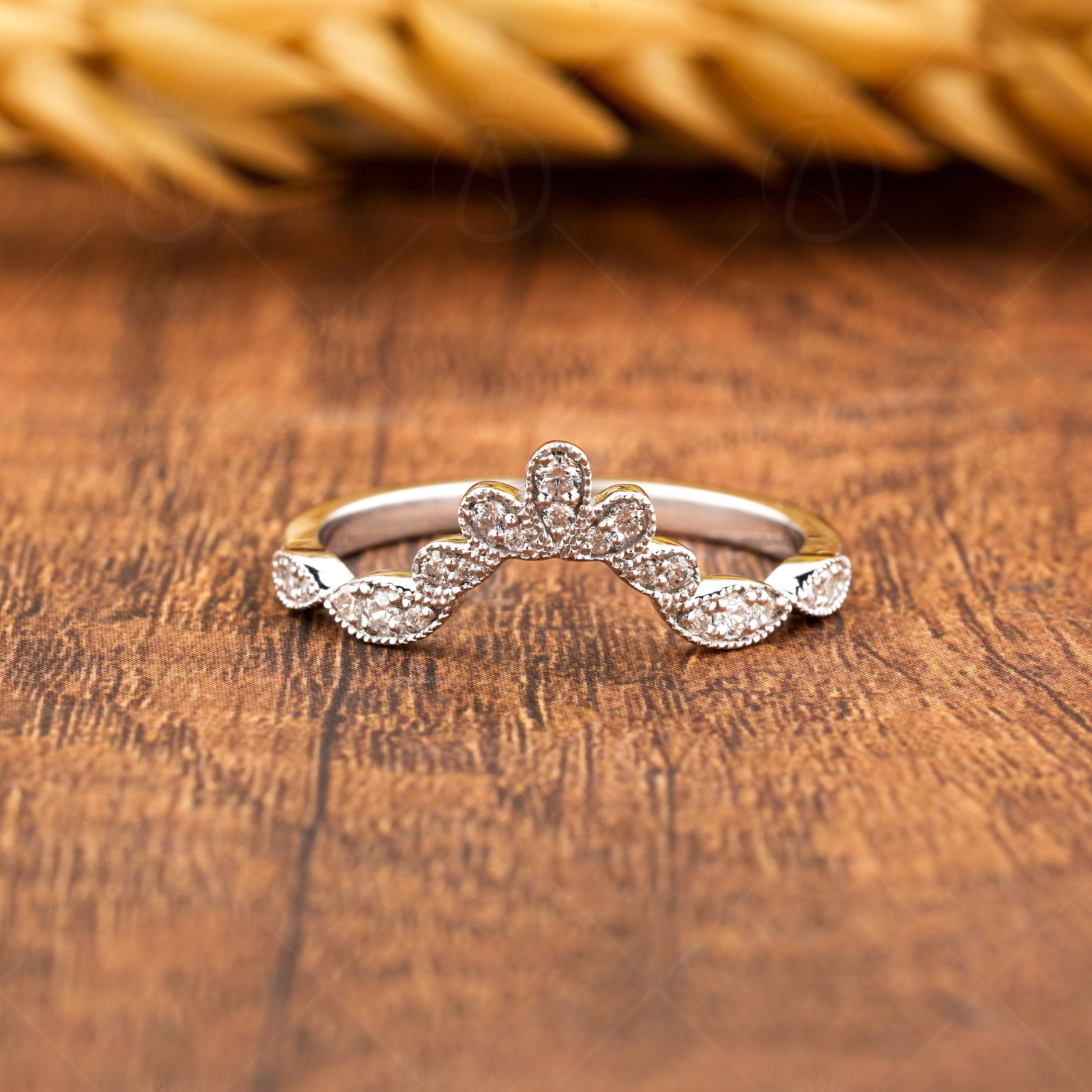 Moissanite Wishbone Wedding Bands Women, Unique Curved Stackable Ring, Art Deco Chevron Anniversary Band, Vintage Style Milgrain Band