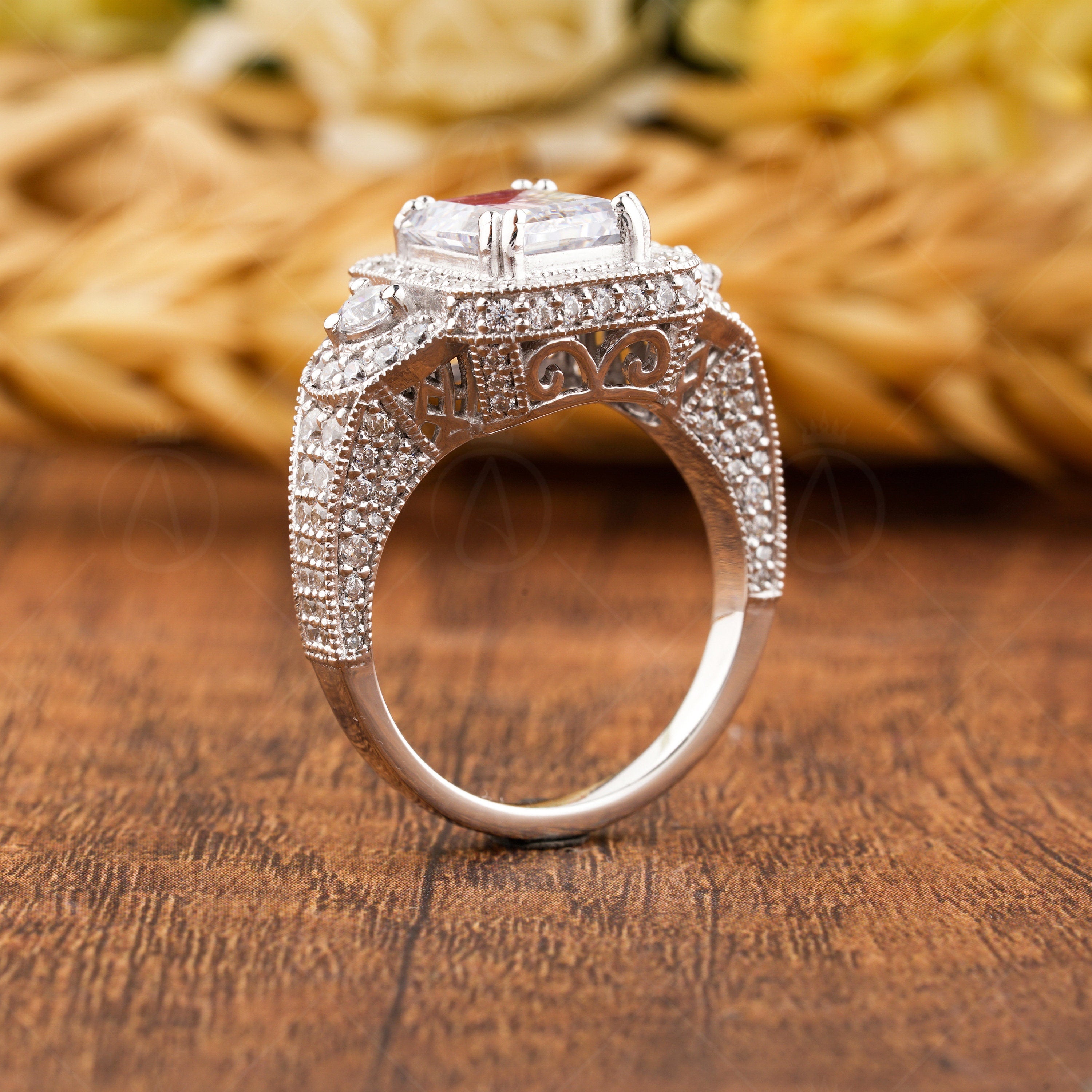Moissanite Emerald Cut Halo Engagement Ring, Art Deco Milgrain Ring, Unique Promise Rings For Women, Silver & Gold Vintage Inspired Ring