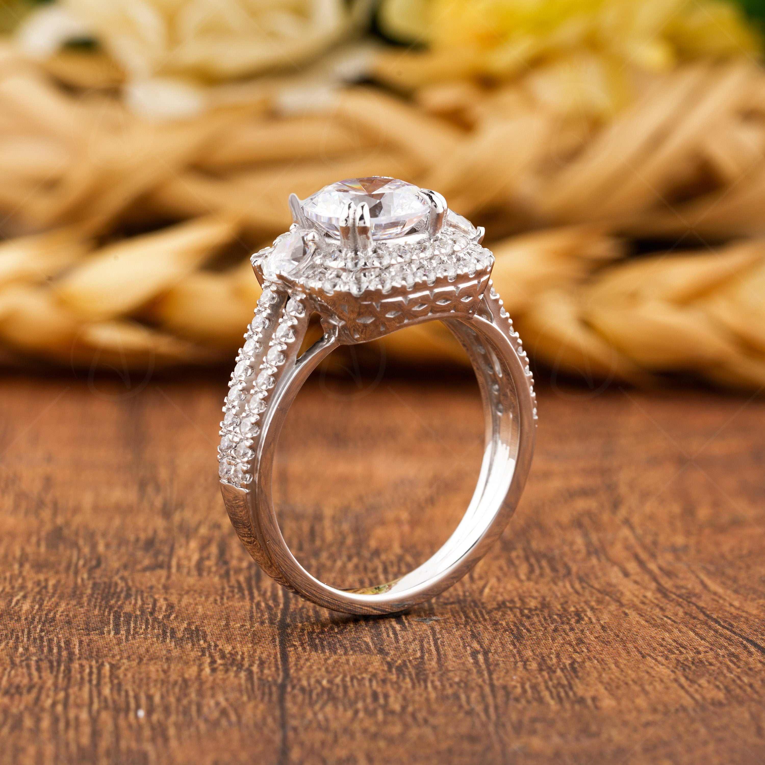 Round Double Halo Engagement Ring For Women, Art Deco Split Shank Ring, Moissanite Double Halo Ring, Silver & Gold Promise Wedding Ring