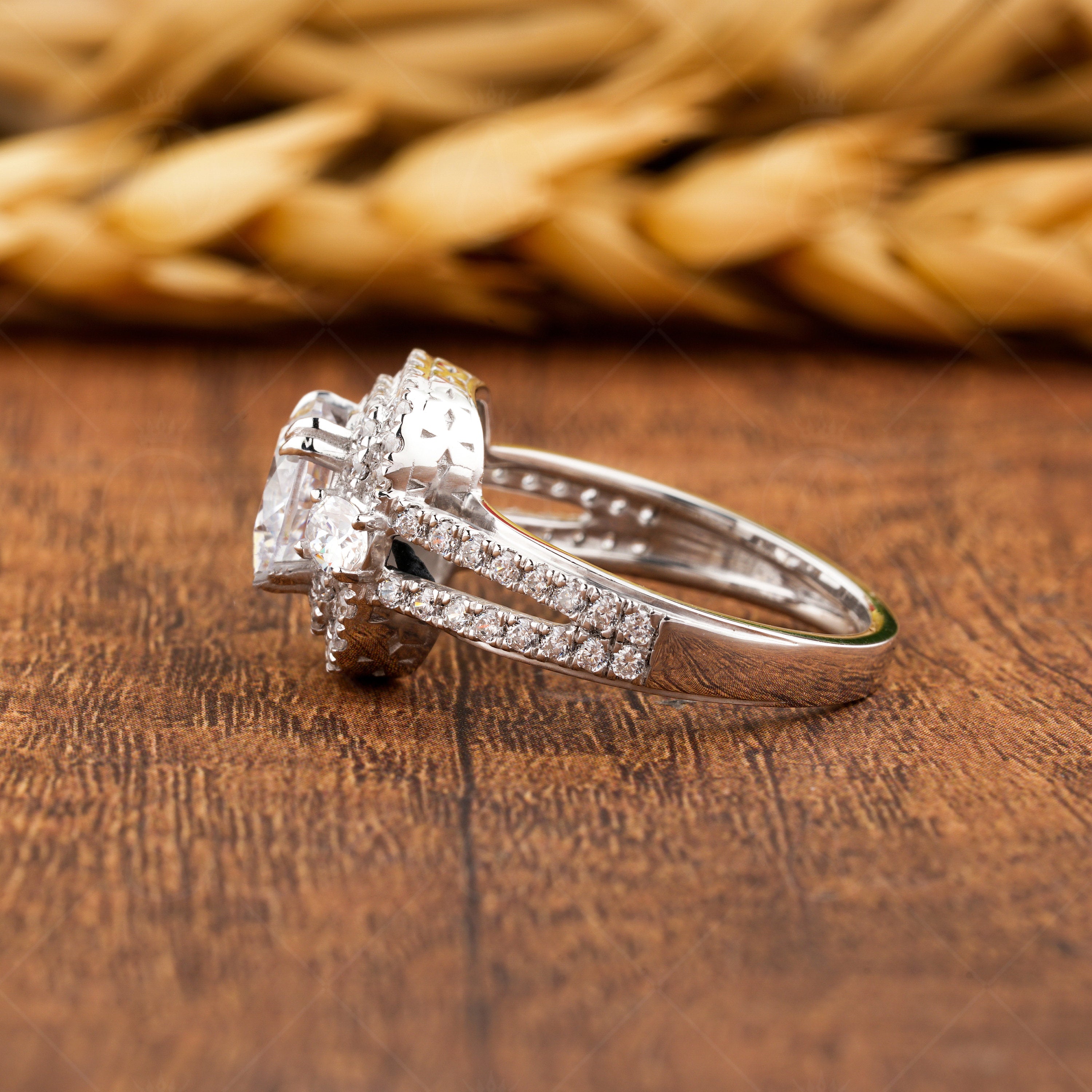 Round Double Halo Engagement Ring For Women, Art Deco Split Shank Ring, Moissanite Double Halo Ring, Silver & Gold Promise Wedding Ring