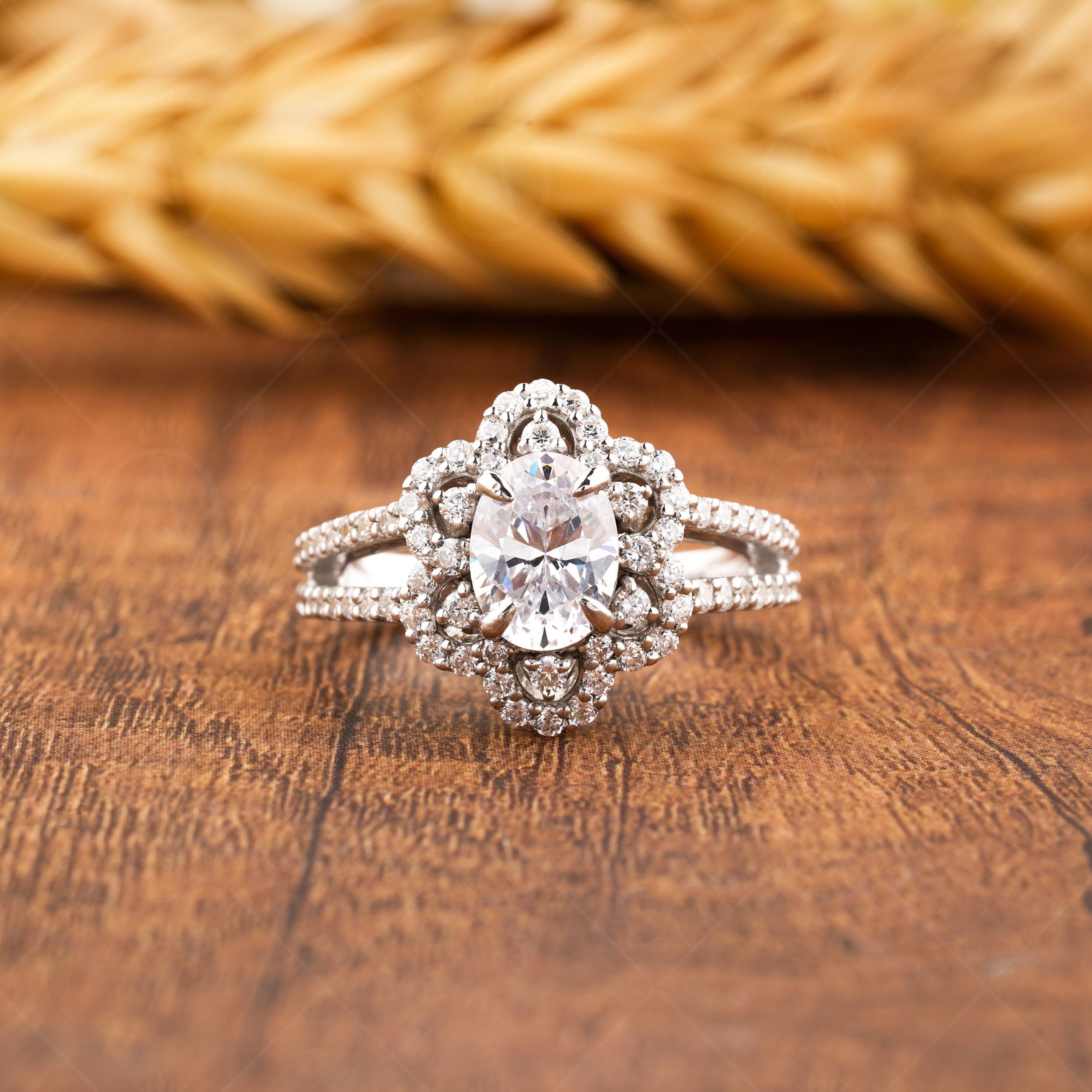 14K Gold Moissanite Art Deco Ring, Split Shank Oval Engagement Ring, Unique Rings For Women, Promise Ring For Her, Vintage Inspired Ring