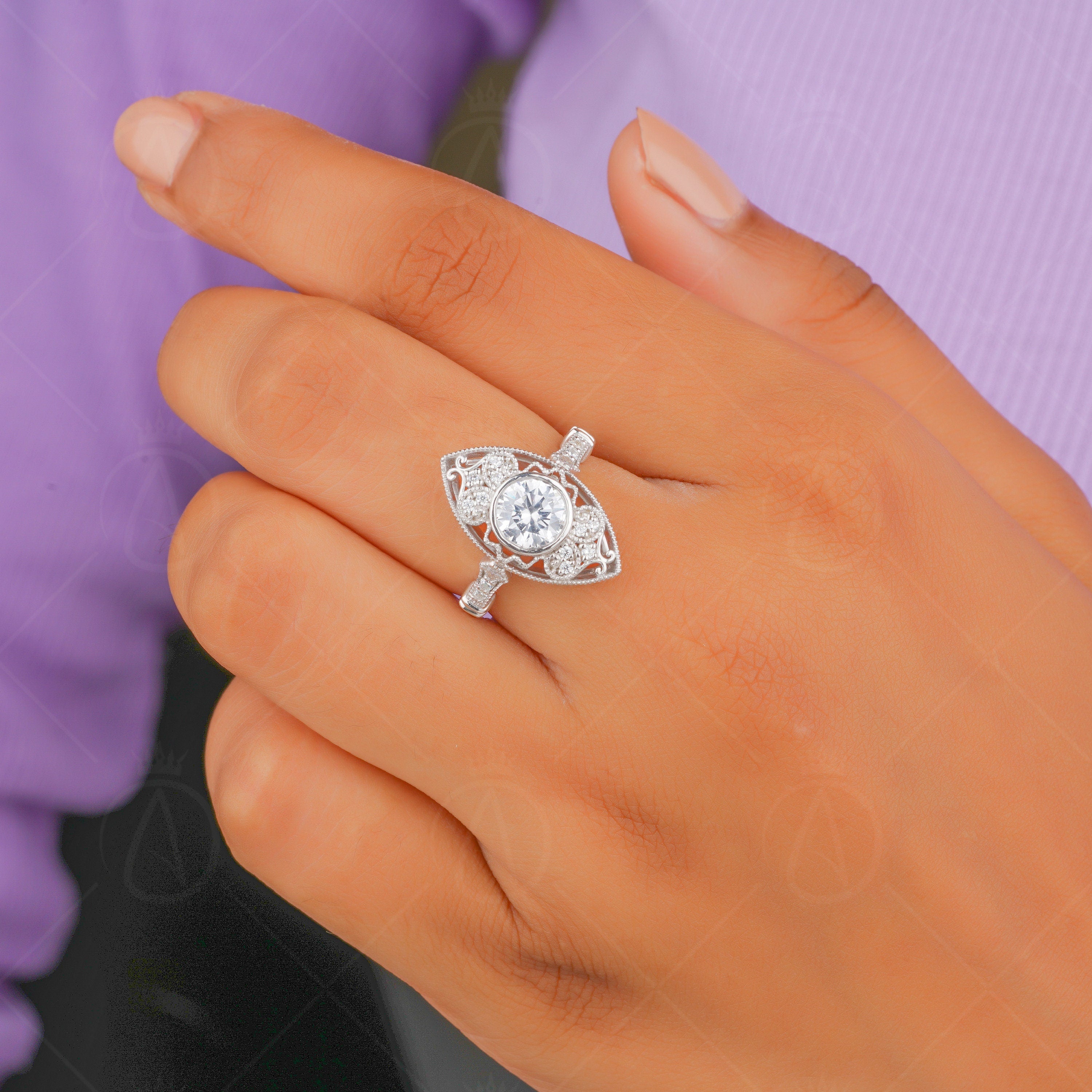 Moissanite Edwardian Rings For Women, Elongated Art Deco Engagement Ring, Unique Milgrain Estate Jewelry Ring, Bezel Set Round Ring