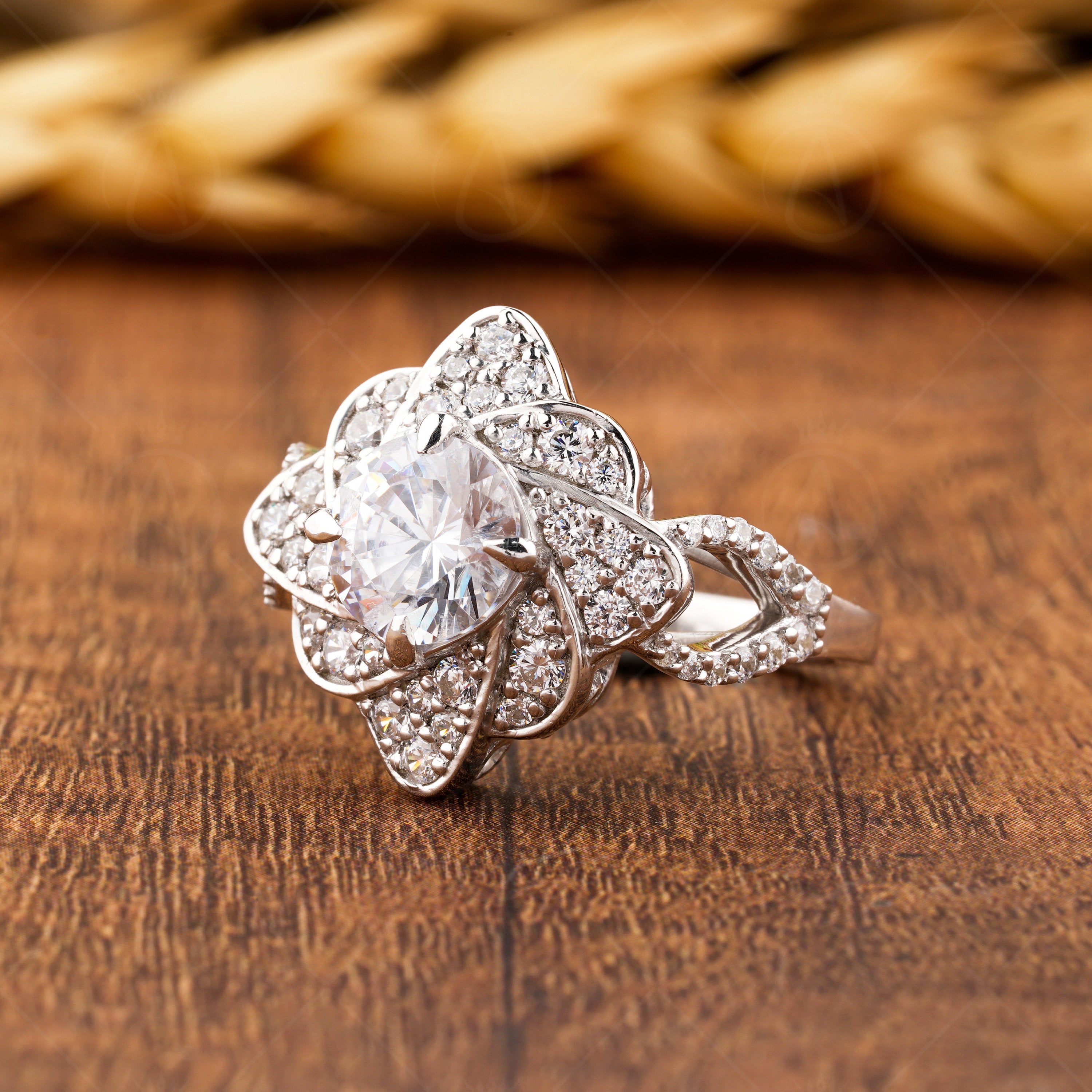 Flower Nature Inspired Ring For Women, 14K Gold Art Deco Floral Ring, Unique Cushion Cut Moissanite Engagement Ring, Promise Ring For Her