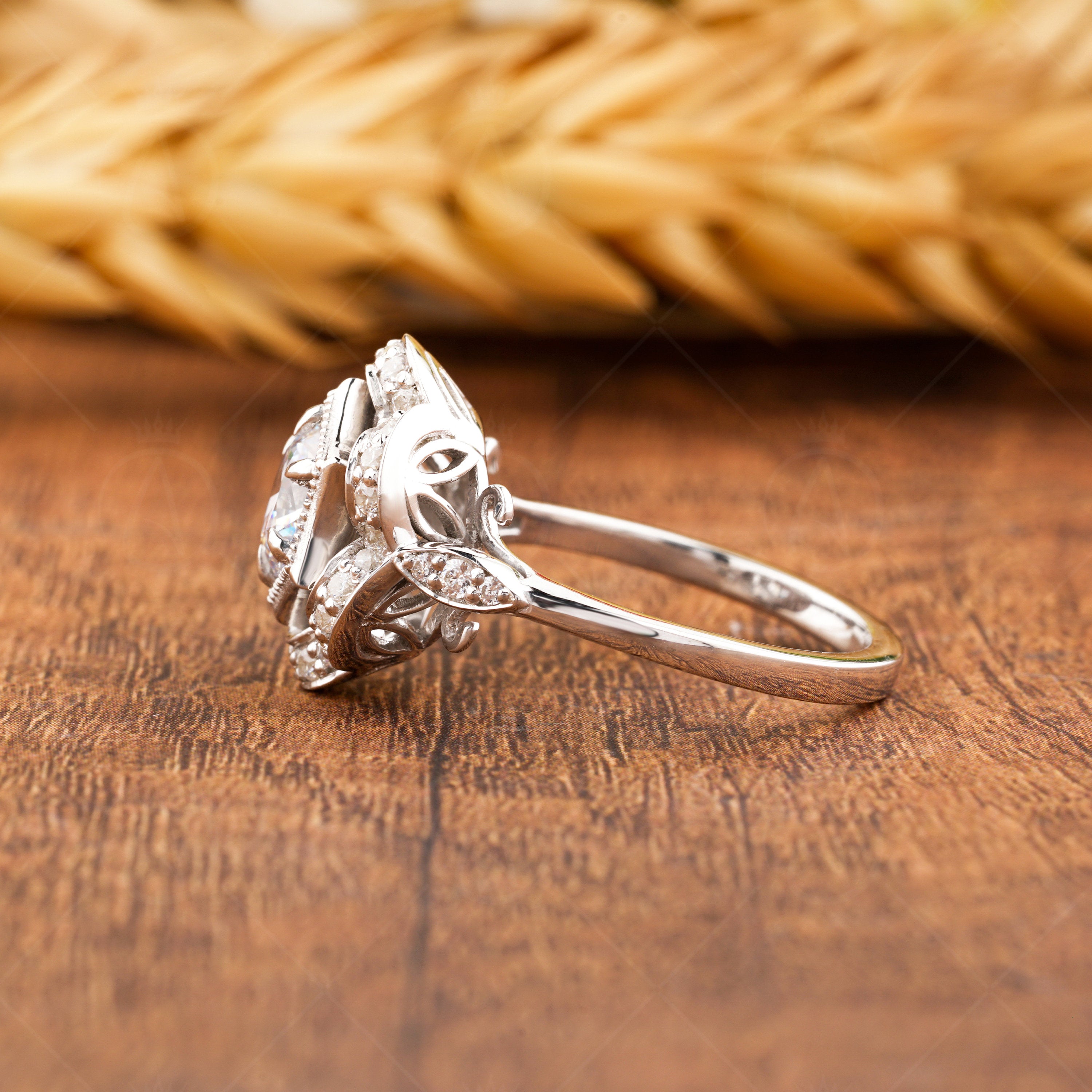 Nature Inspired Engagement Ring, Moissanite Flower Ring, Round Hexagon Shape Ring, Floral Nature Rings For Women, Art Deco Promise Ring