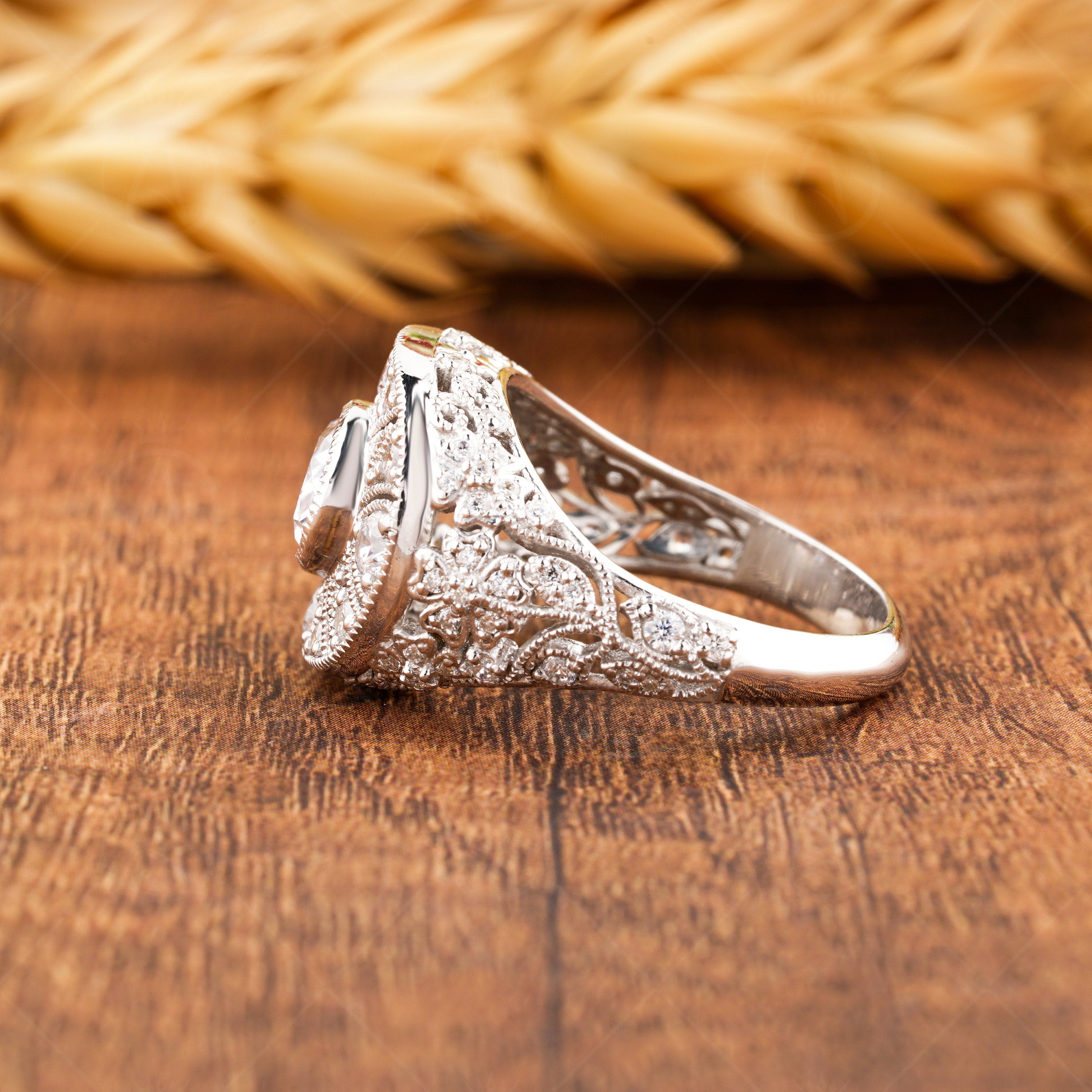 Antique Edwardian Filigree Ring, Moissanite Art Deco Oval Engagement Ring, Leaf Flower Milgrain Ring For Women, Unique Estate Jewelry