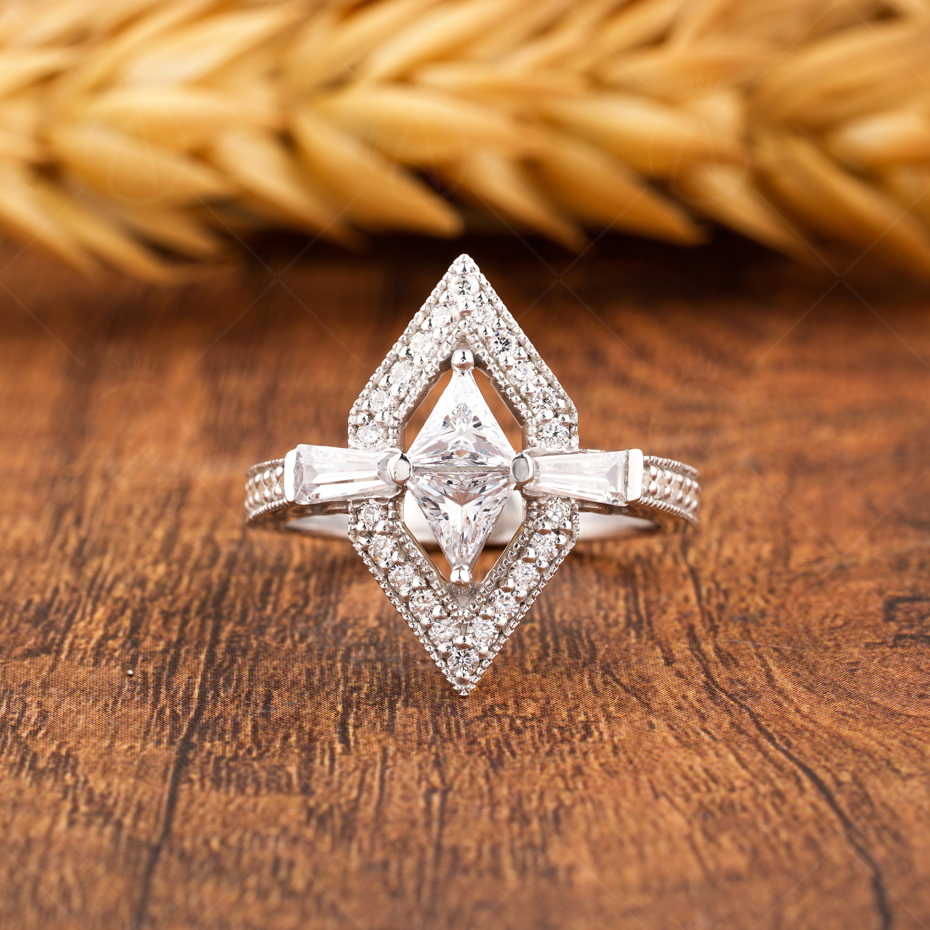 Moissanite Triangle Art Deco Engagement Ring, Unique Hexagon Shape Geometric Ring, Milgrain Ring For Women, Two Triangle Halo Ring