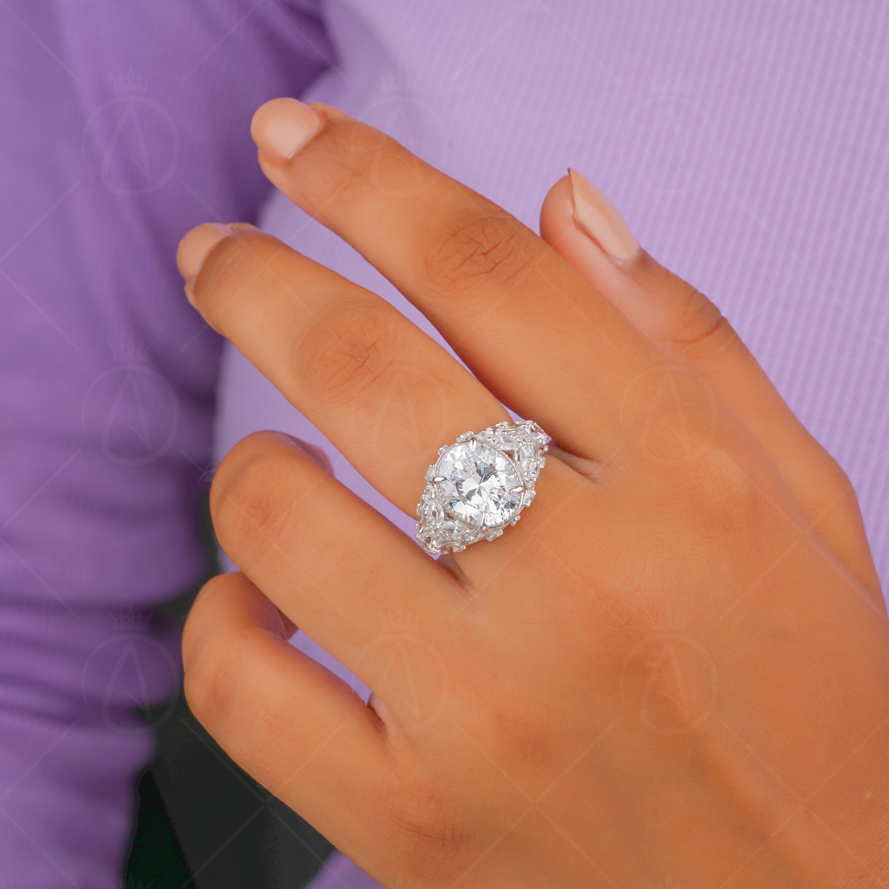 Art Deco Oval Engagement Ring, Moissanite Unique Rings For Women, Vintage Style Wedding Ring, Antique Filigree Ring, Carved Ring