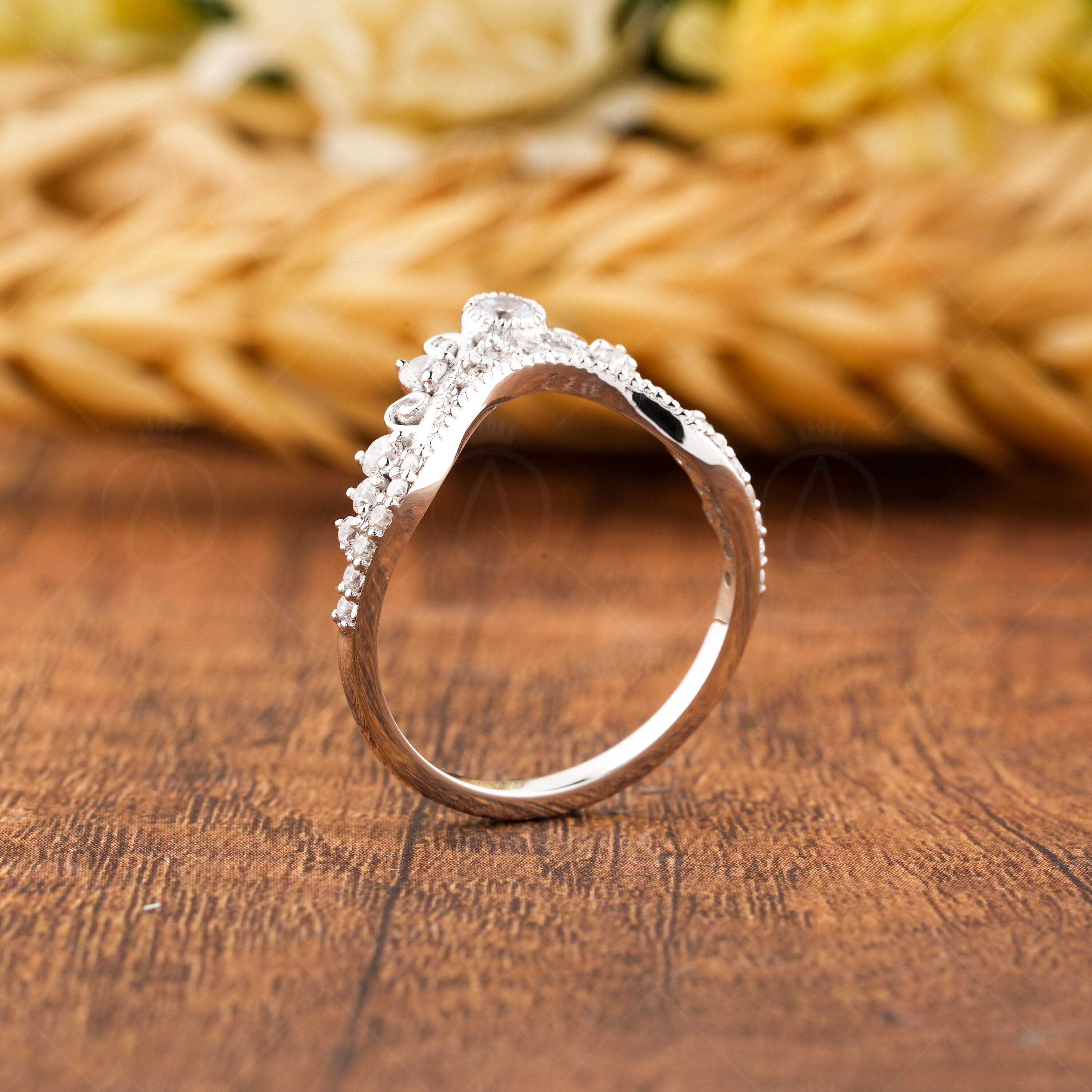 Vintage Curved Wedding Bands Women, Chevron Moissanite Band, Crown Style Stackable Rings, Unique Bridal Matching Band, Art Deco Curve Band