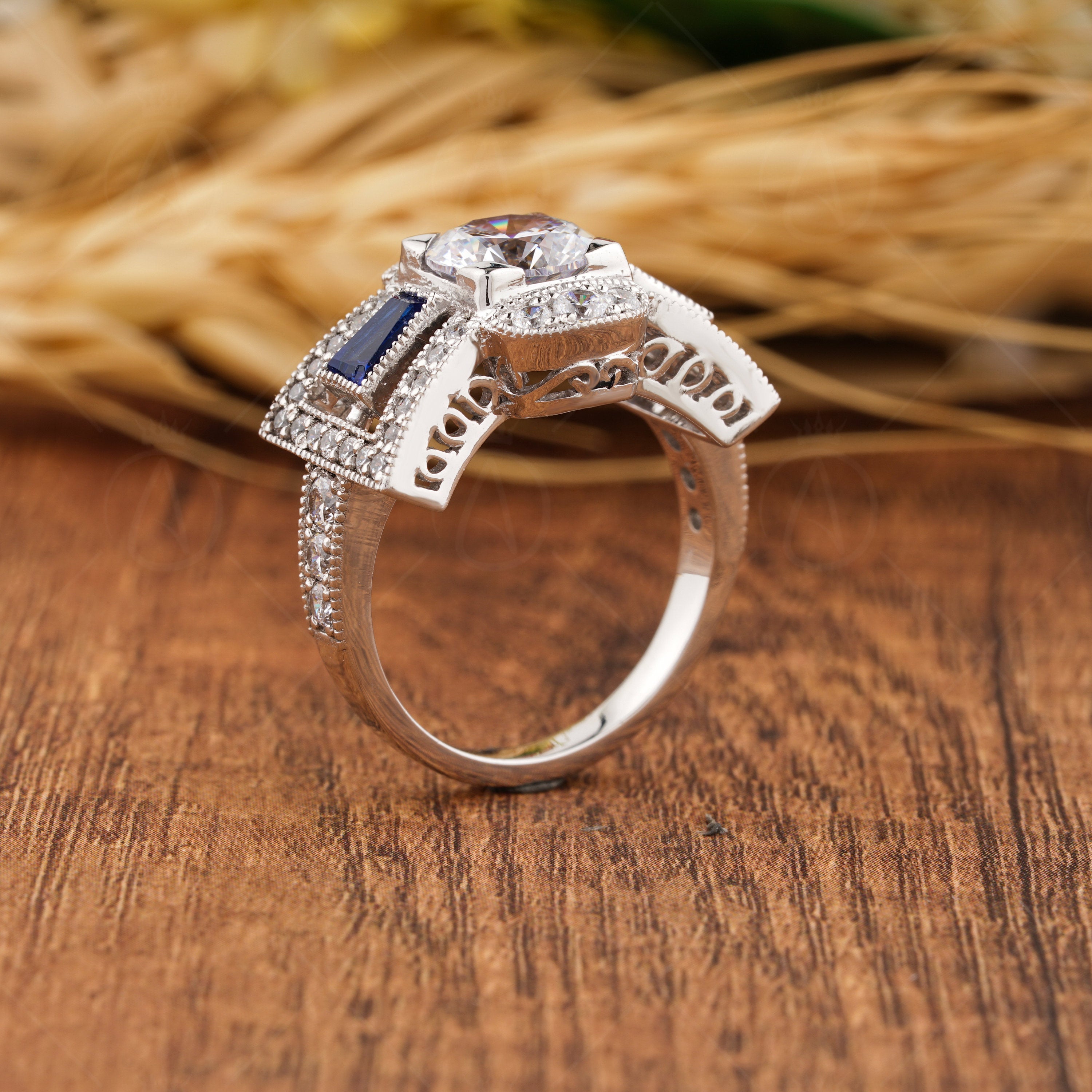 Unique Art Deco Moissanite Engagement Ring
