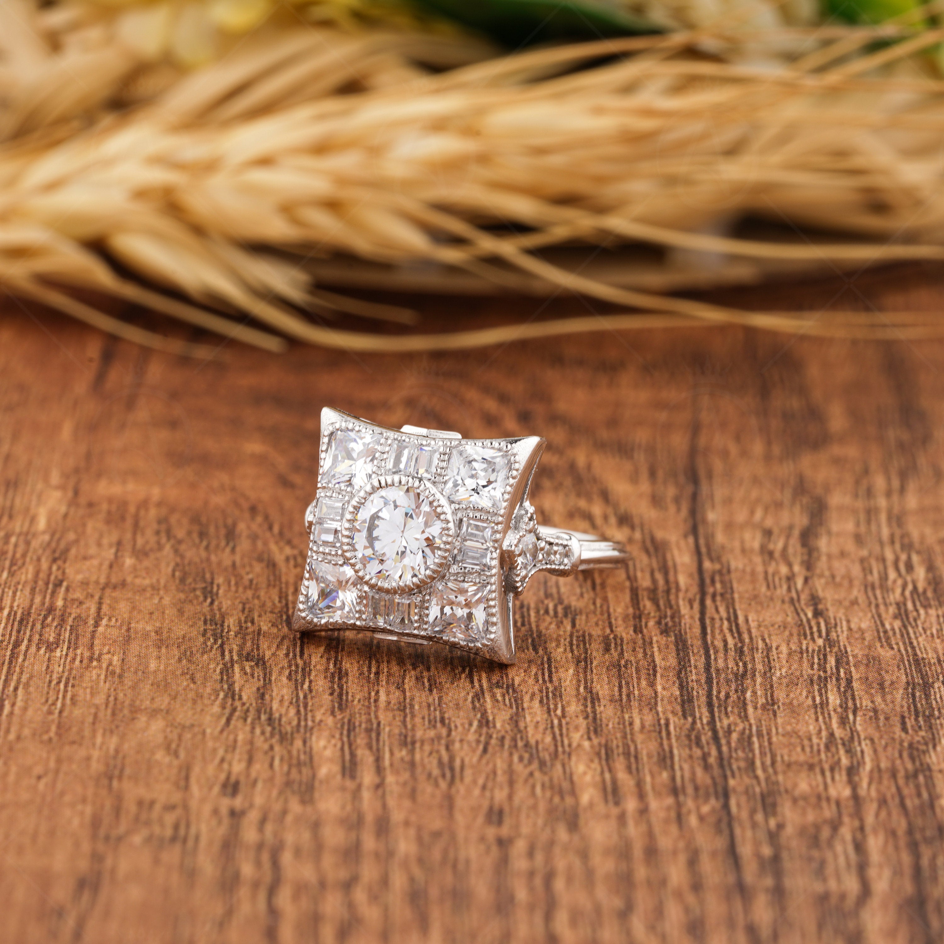 Unique Art Deco Moissanite Engagement Ring, Vintage Inspired Milgrain Ring, Square Shape Antique Rings For Women, Promise Anniversary Rings, Bezel Set Round Halo Ring