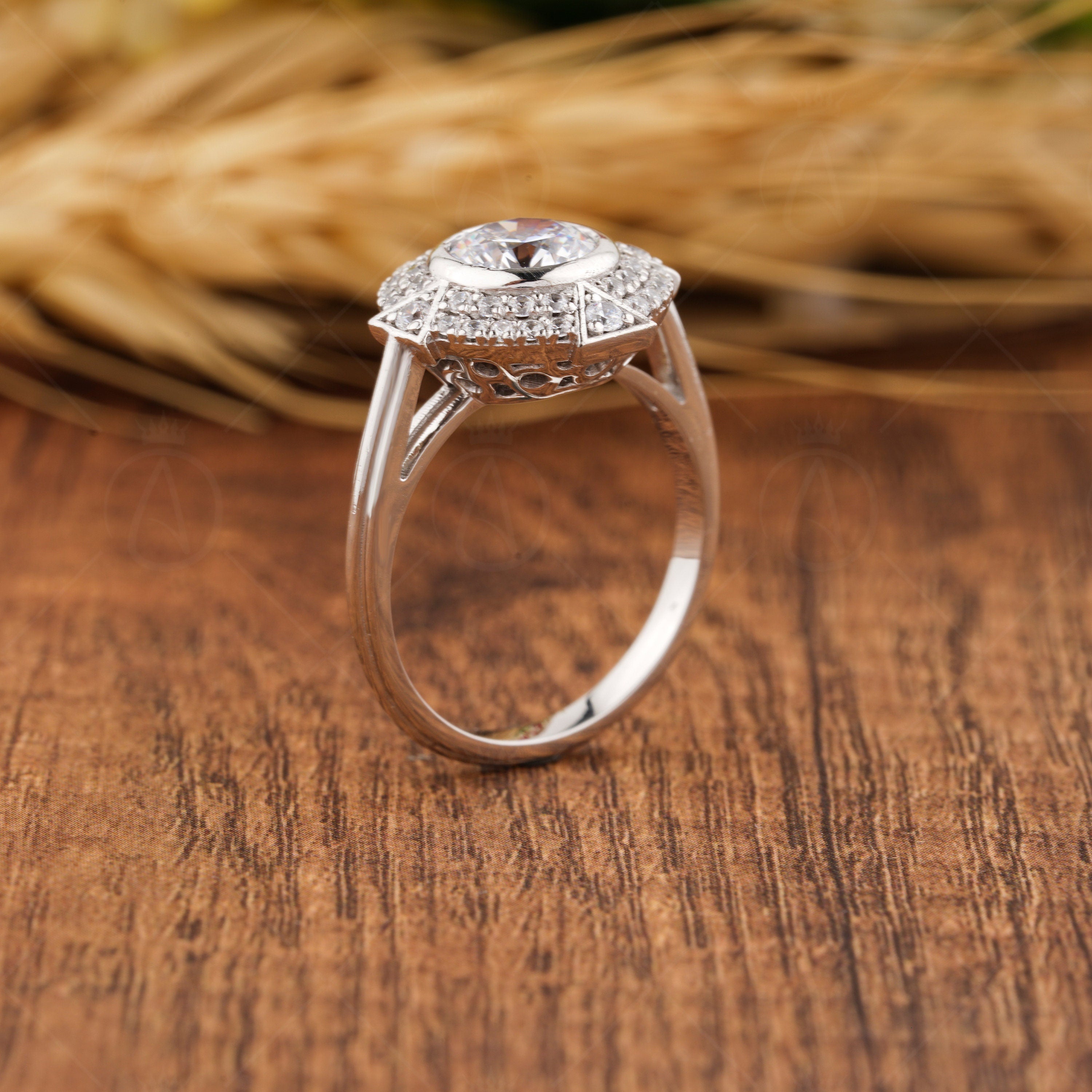 Moissanite Double Halo Engagement Ring, Round Pave Stones Ring, Art Deco Triangle Shape Ring, Unique Moissanite Anniversary Rings For Women, Round Bezel Set Ring, Micro Pave Side Stones Ring