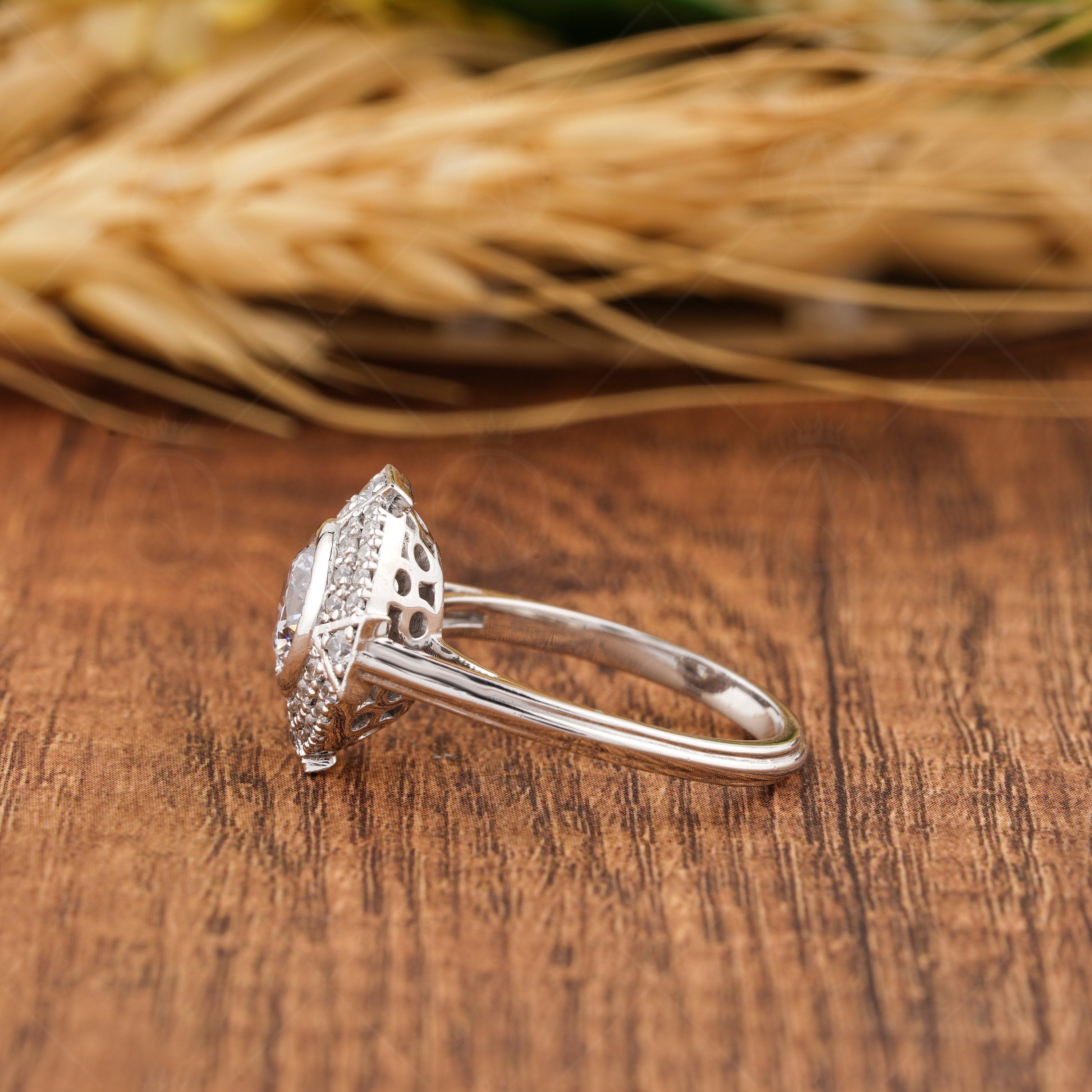 Moissanite Double Halo Engagement Ring, Round Pave Stones Ring, Art Deco Triangle Shape Ring, Unique Moissanite Anniversary Rings For Women, Round Bezel Set Ring, Micro Pave Side Stones Ring