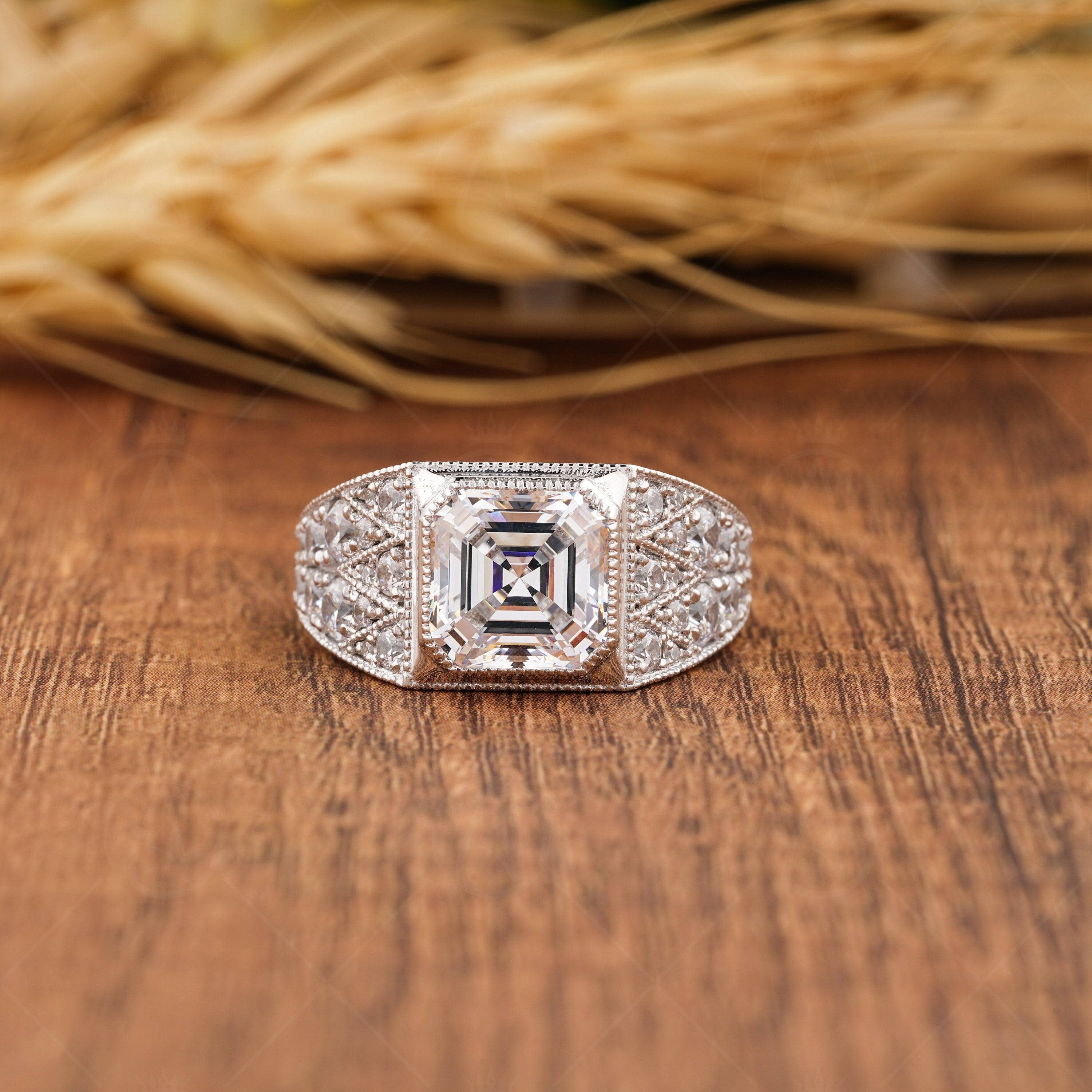 Asscher Cut Moissanite Engagement Ring, Art Deco Unique Vintage Ring For Women, Bezel Set Milgrain Ring, Antique Anniversary Rings, Victorian Style Ring, Estate Moissanite Jewelry