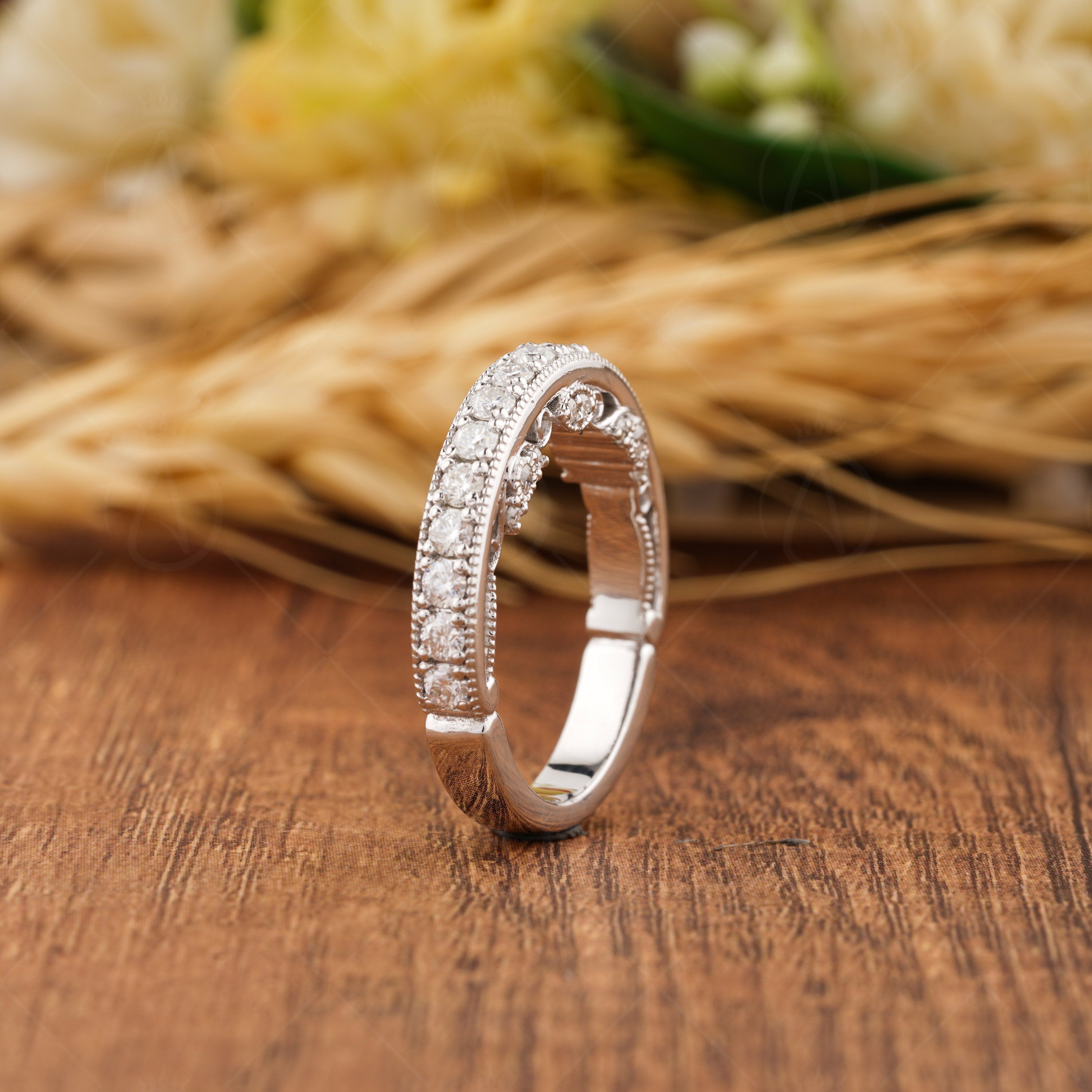 Antique Art Deco Wedding Bands Women, Vintage Milgrain Band, Filigree Anniversary Band Ring, Unique Stackable Rings, Bridal Matching Band, Stacking Ring