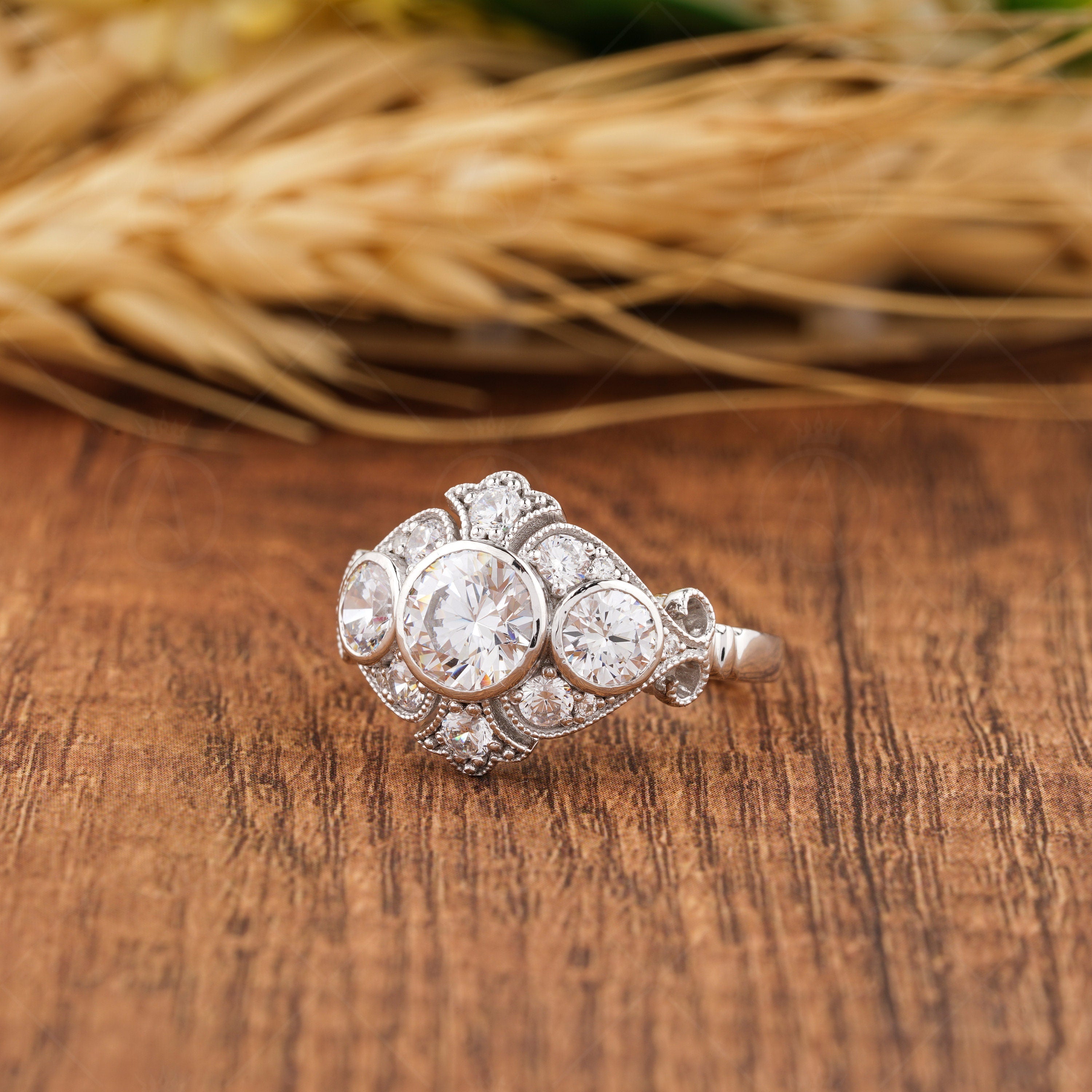 Bezel Set Round 3 Stone Engagement Ring, Moissanite Art Deco Vintage Ring, Unique Milgrain Rings For Women, Promise Ring For Her, Filigree Anniversary Rings, Antique Wedding Band