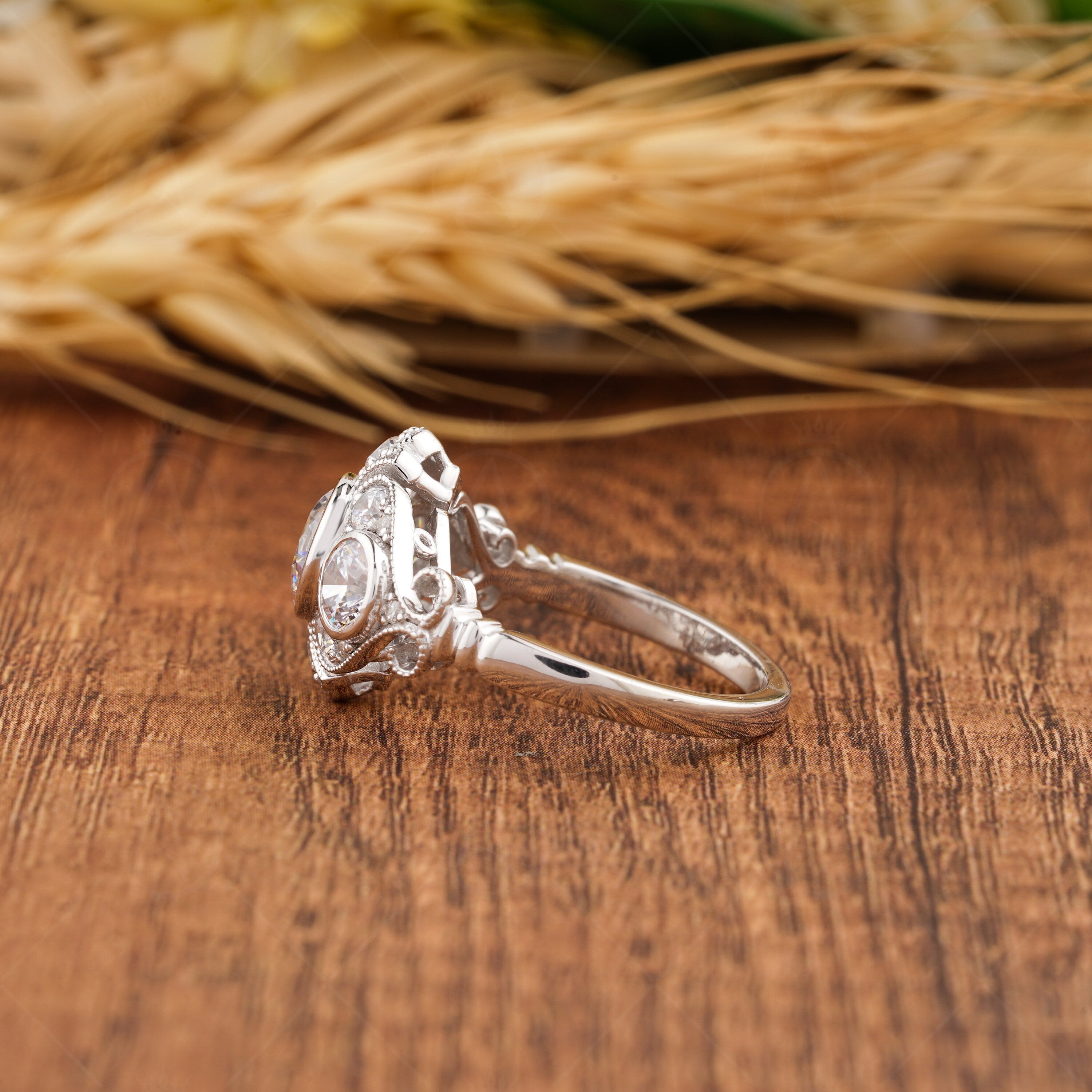 Bezel Set Round 3 Stone Engagement Ring, Moissanite Art Deco Vintage Ring, Unique Milgrain Rings For Women, Promise Ring For Her, Filigree Anniversary Rings, Antique Wedding Band