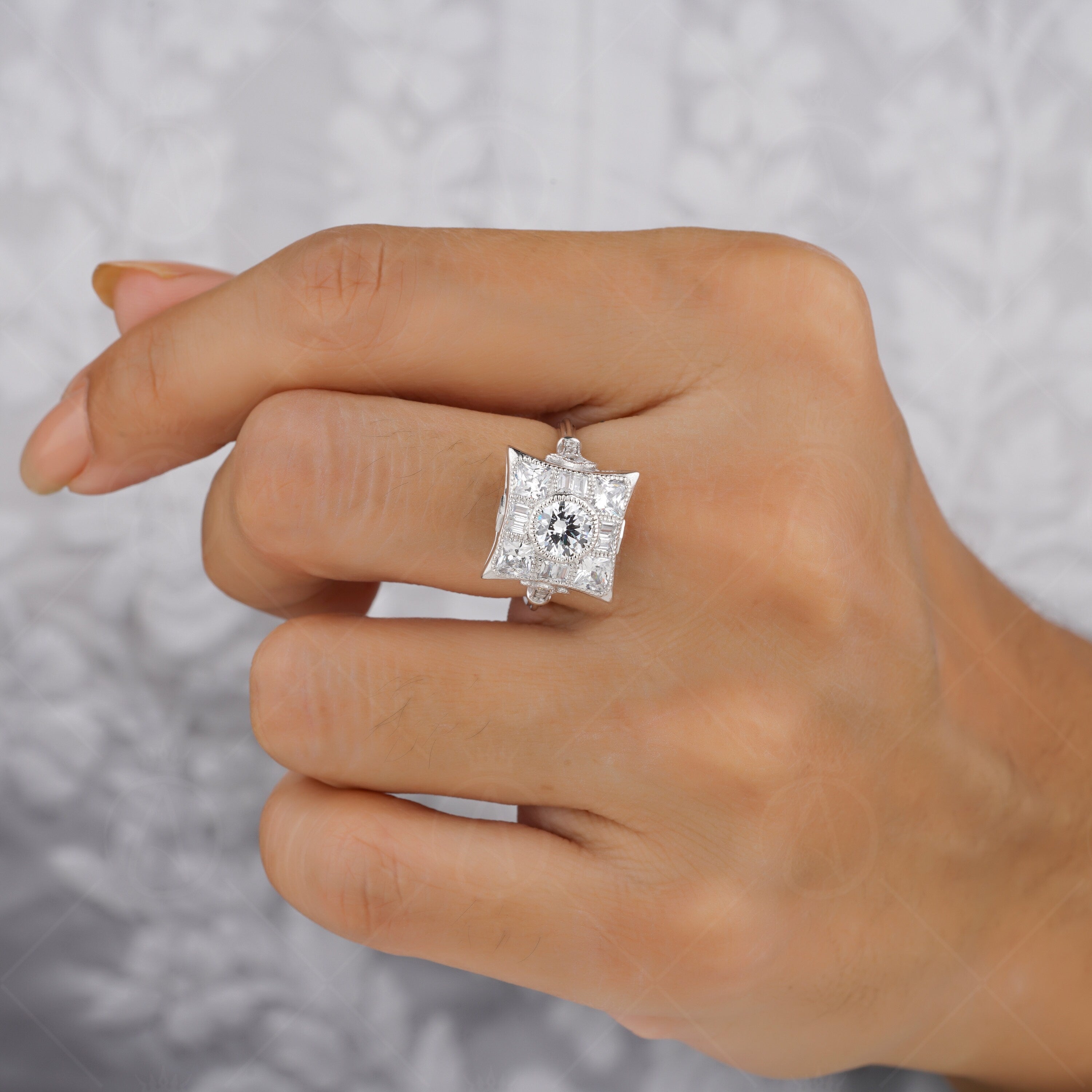 Unique Art Deco Moissanite Engagement Ring, Vintage Inspired Milgrain Ring, Square Shape Antique Rings For Women, Promise Anniversary Rings, Bezel Set Round Halo Ring