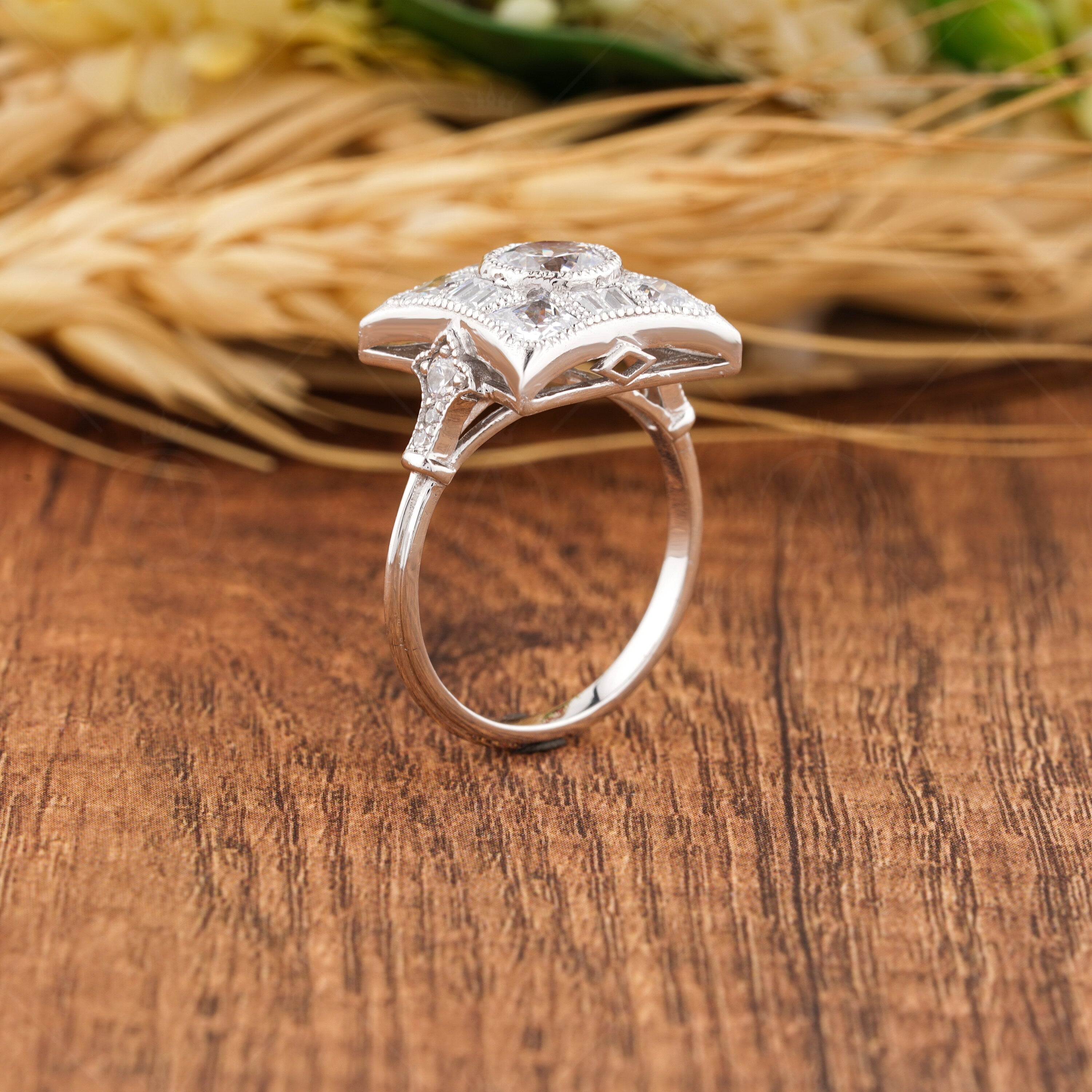 Unique Art Deco Moissanite Engagement Ring, Vintage Inspired Milgrain Ring, Square Shape Antique Rings For Women, Promise Anniversary Rings, Bezel Set Round Halo Ring