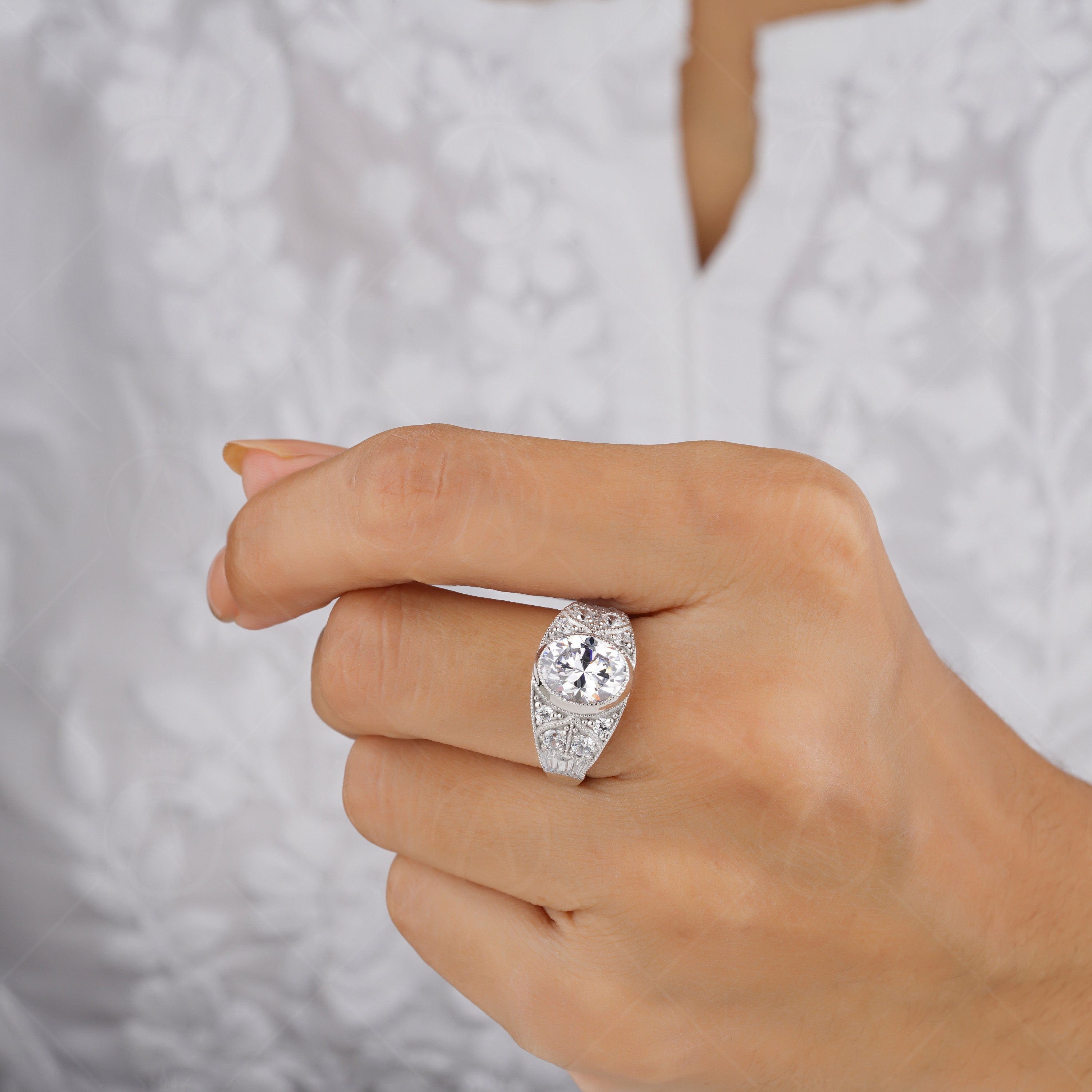 Vintage Milgrain Oval Engagement Ring, Art Deco Moissanite Rings For Women, Unique Bezel Set Oval Wedding Ring, Silver & Gold Antique Ring, Antique Style Ring, Anniversary Rings