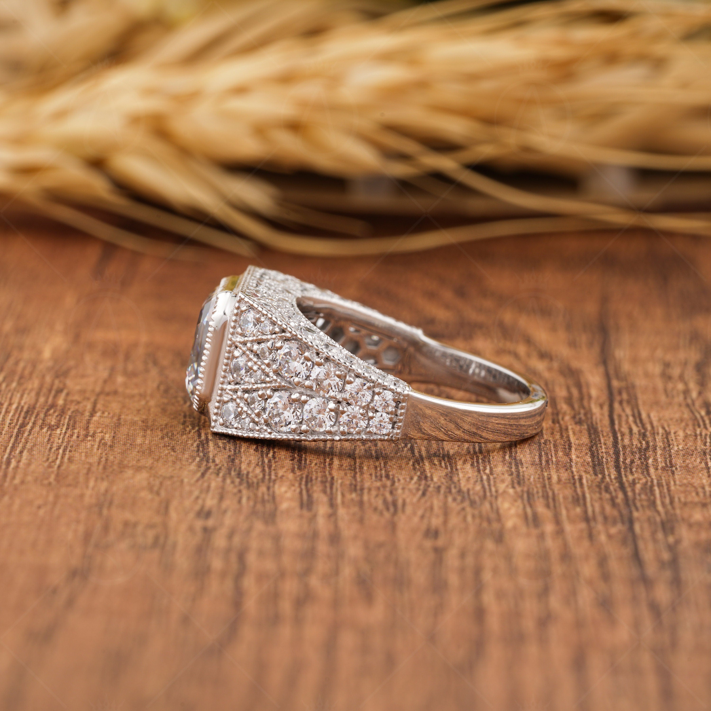 Asscher Cut Moissanite Engagement Ring, Art Deco Unique Vintage Ring For Women, Bezel Set Milgrain Ring, Antique Anniversary Rings, Victorian Style Ring, Estate Moissanite Jewelry