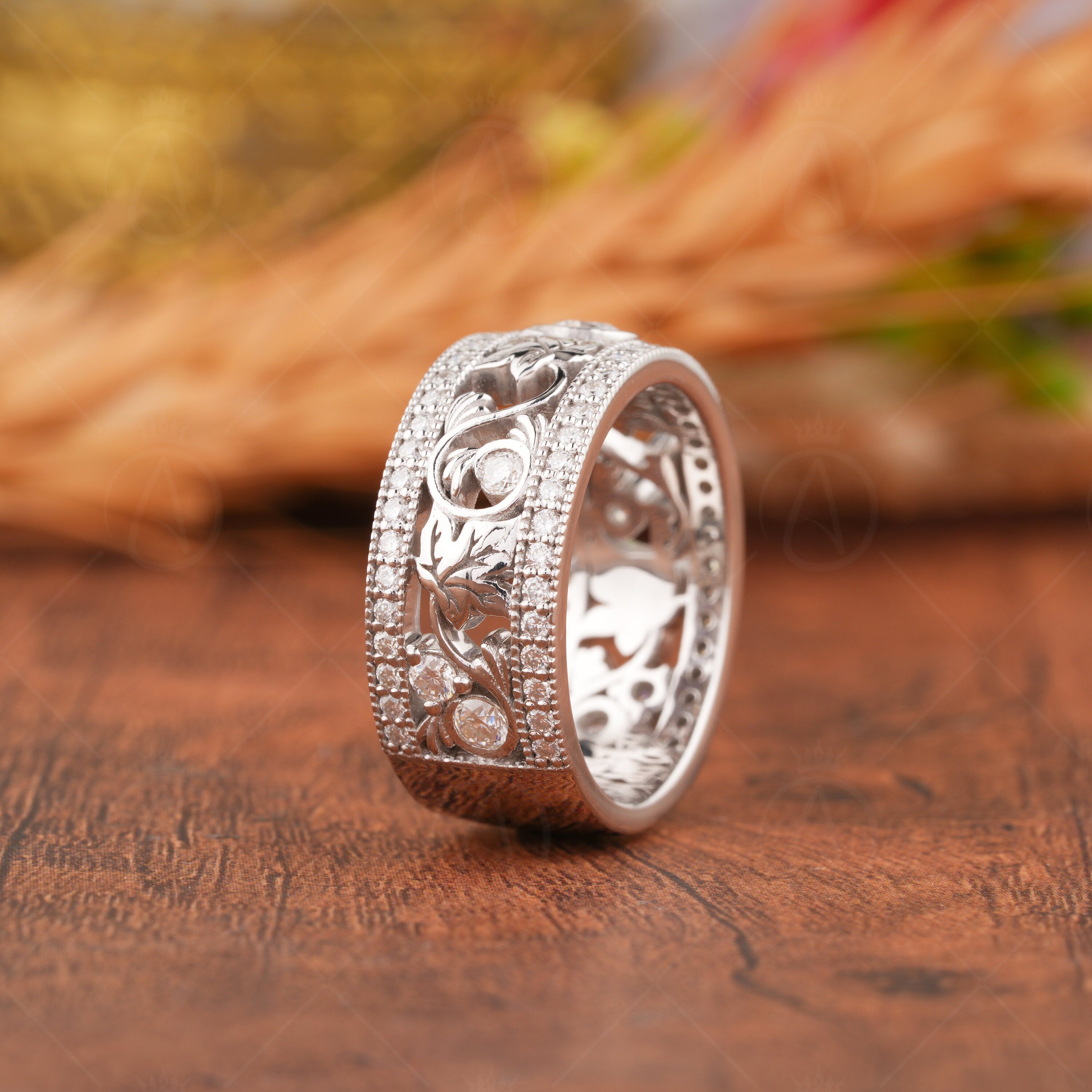 Maple Leaf Wedding Band Women, Engraved Leaf Wide Moissanite Band, Leaf And Branch Anniversary Band Ring, Nature Inspired Leaves Bridal Band, Art Deco Unique Band