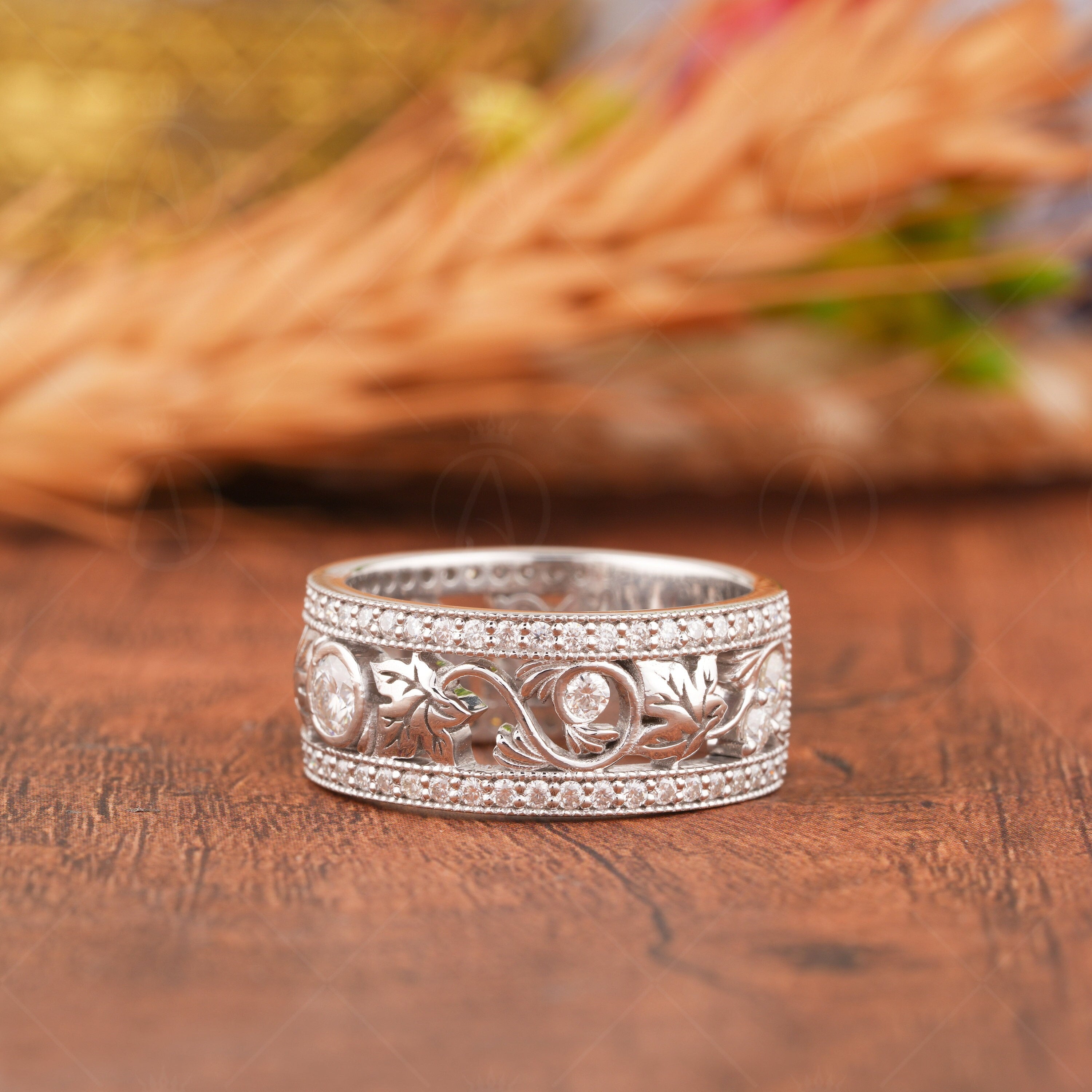 Maple Leaf Wedding Band Women, Engraved Leaf Wide Moissanite Band, Leaf And Branch Anniversary Band Ring, Nature Inspired Leaves Bridal Band, Art Deco Unique Band