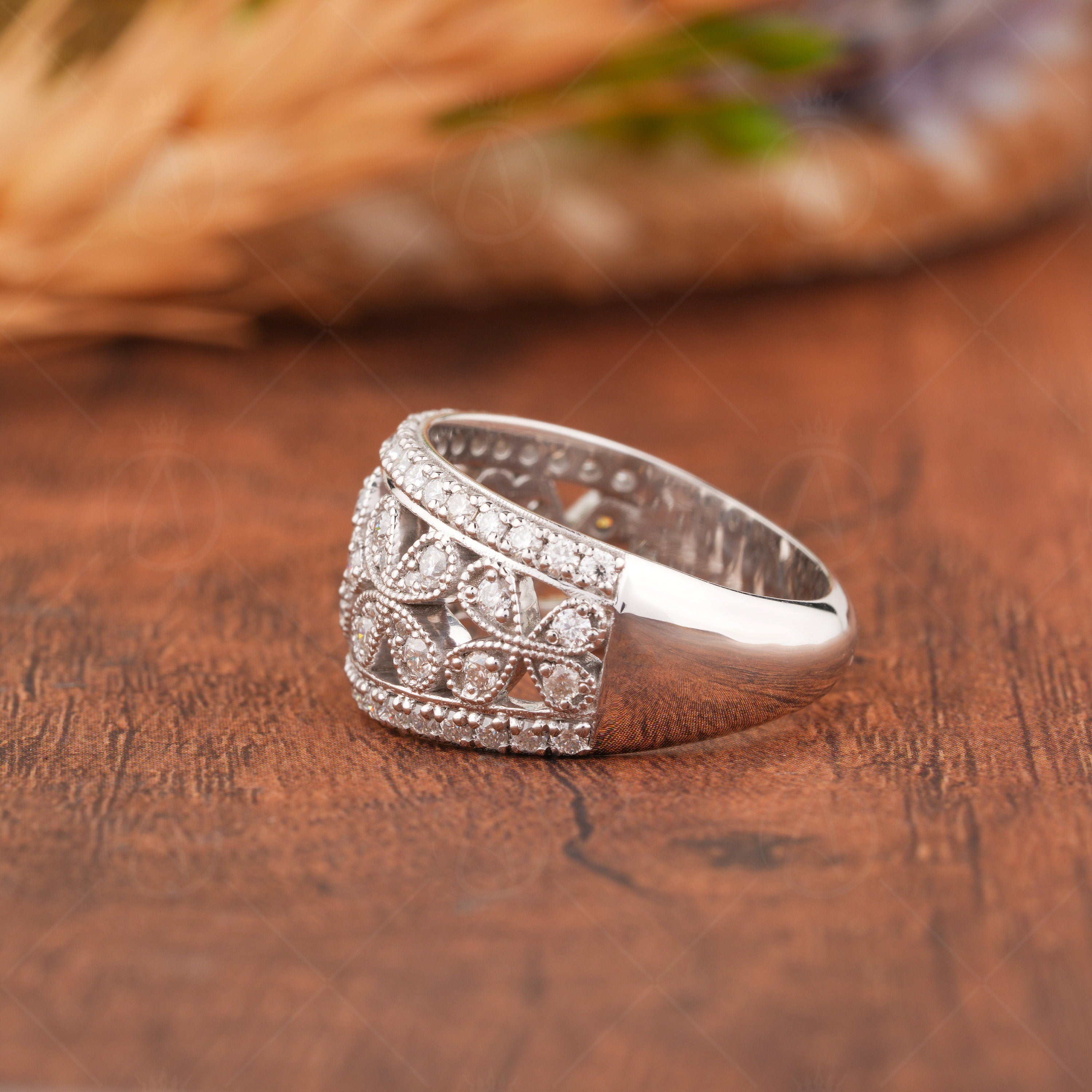 Art Deco Milgrain Wedding Band, Moissanite Wide Anniversary Rings For Women, Flower Style Filigree Band, Thick Nature Inspired Band Ring