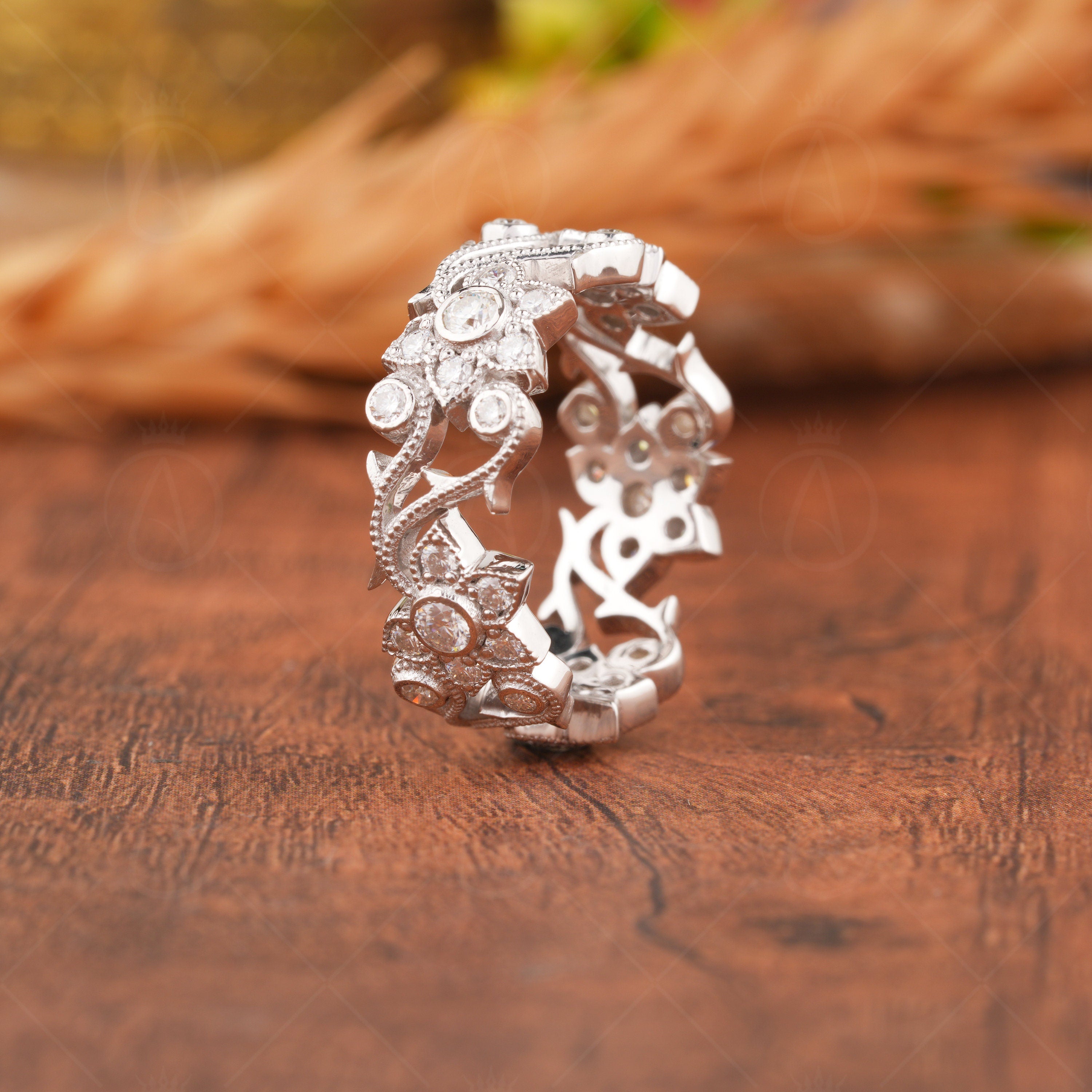 Engraved Floral Wedding Band Women, Leaf And Vine Nature Inspired Ring, Twig Branch Anniversary Rings, Unique Art Deco Promise Ring, Antique Wedding Anniversary Band, Filigree Band