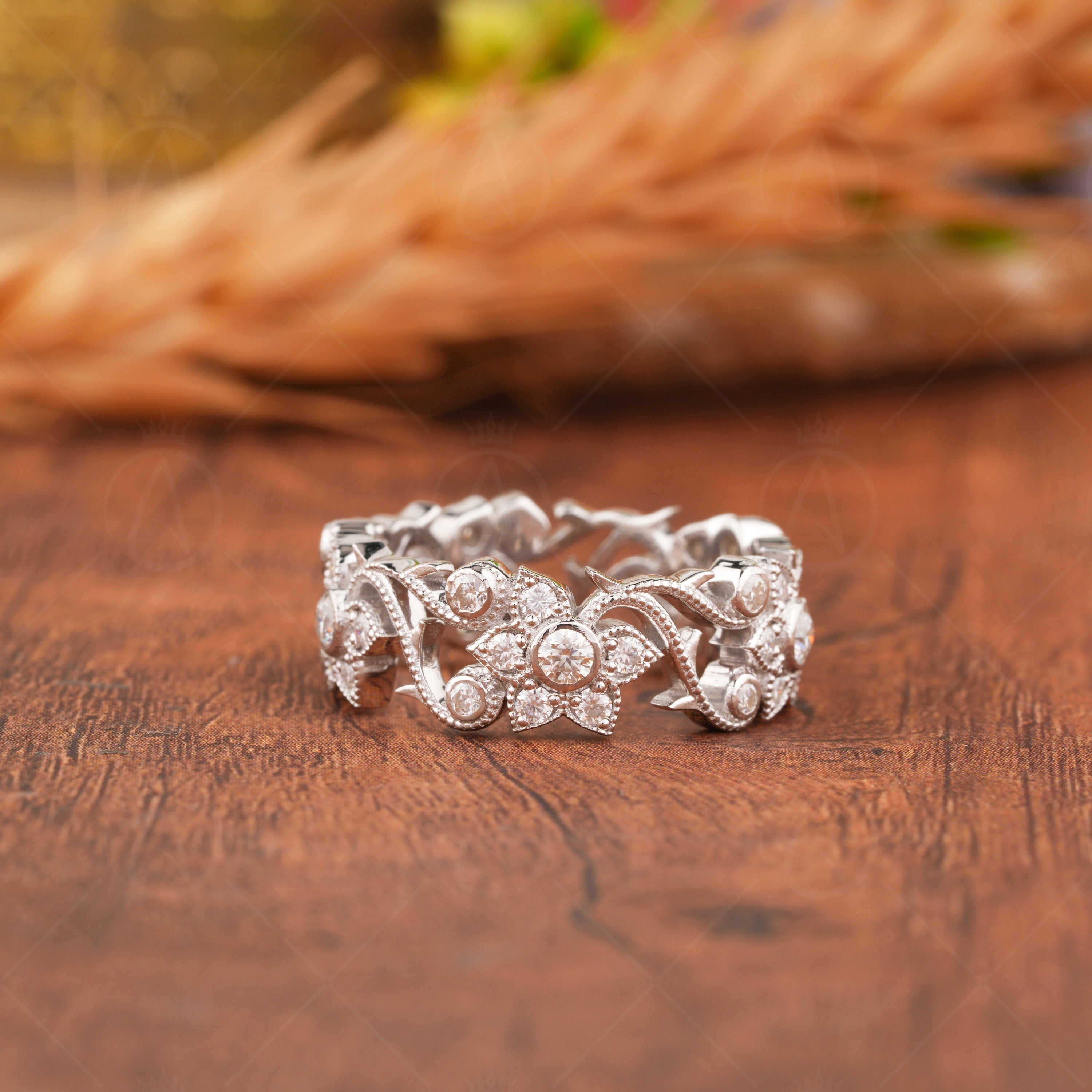 Engraved Floral Wedding Band Women, Leaf And Vine Nature Inspired Ring, Twig Branch Anniversary Rings, Unique Art Deco Promise Ring, Antique Wedding Anniversary Band, Filigree Band