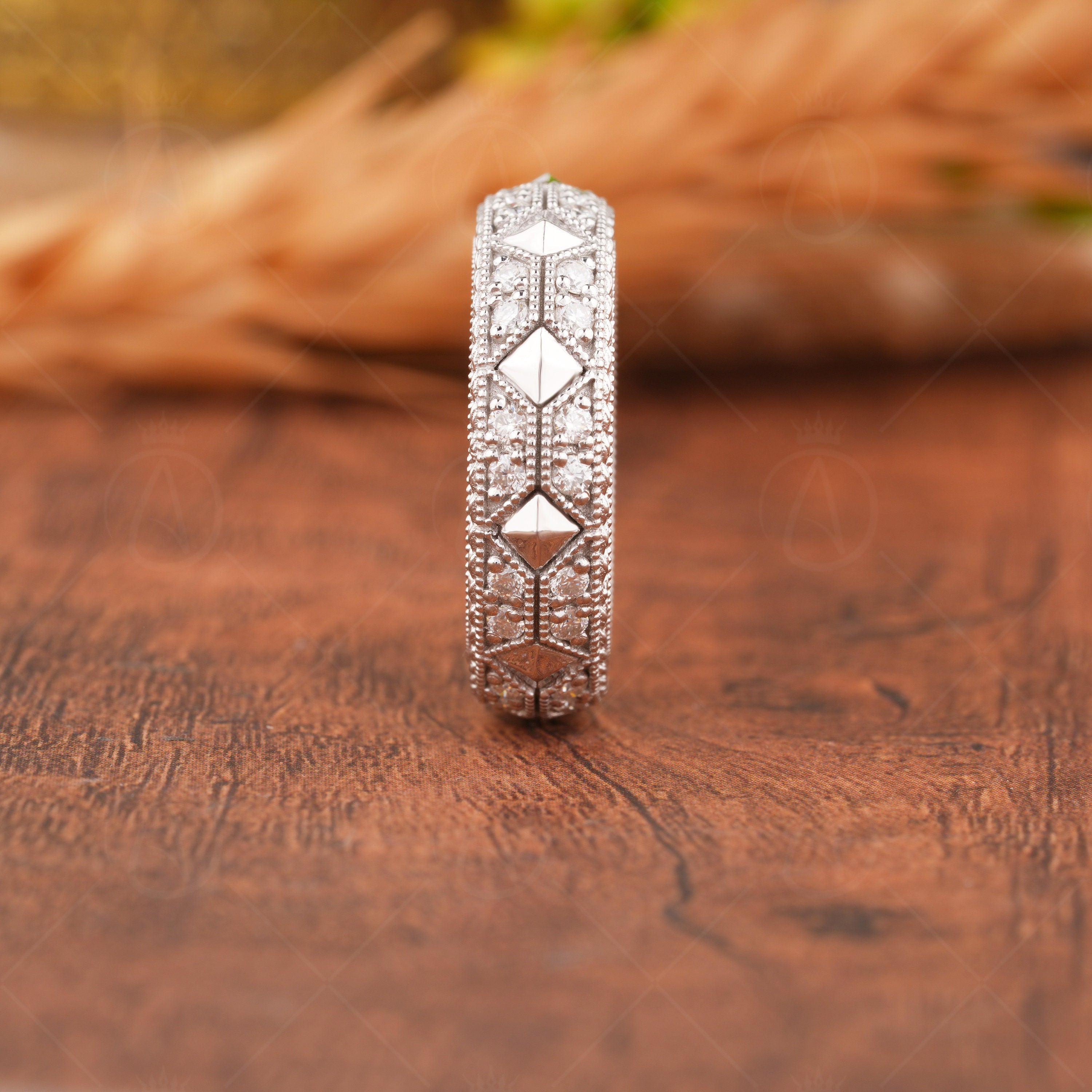 Moissanite Full Eternity Band, Vintage Filigree Wedding Band, Carved Pyramid Bridal Matching Band, Milgrain Art Deco Ring, Wide Band Ring