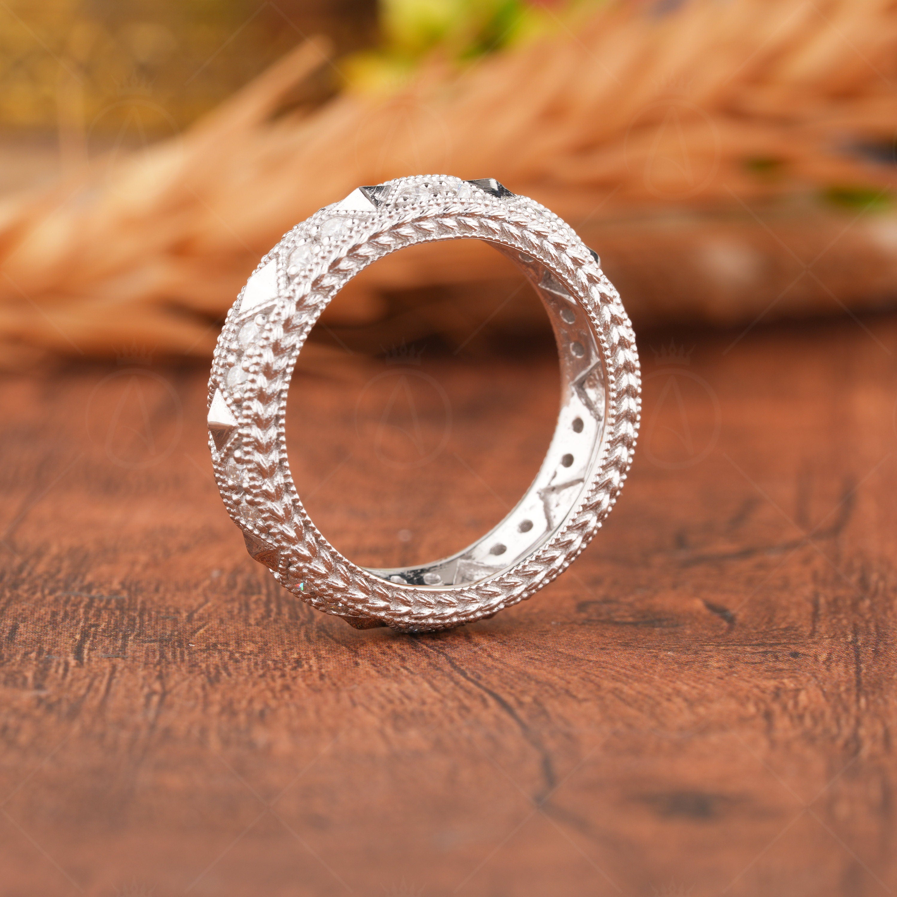 Moissanite Full Eternity Band, Vintage Filigree Wedding Band, Carved Pyramid Bridal Matching Band, Milgrain Art Deco Ring, Wide Band Ring