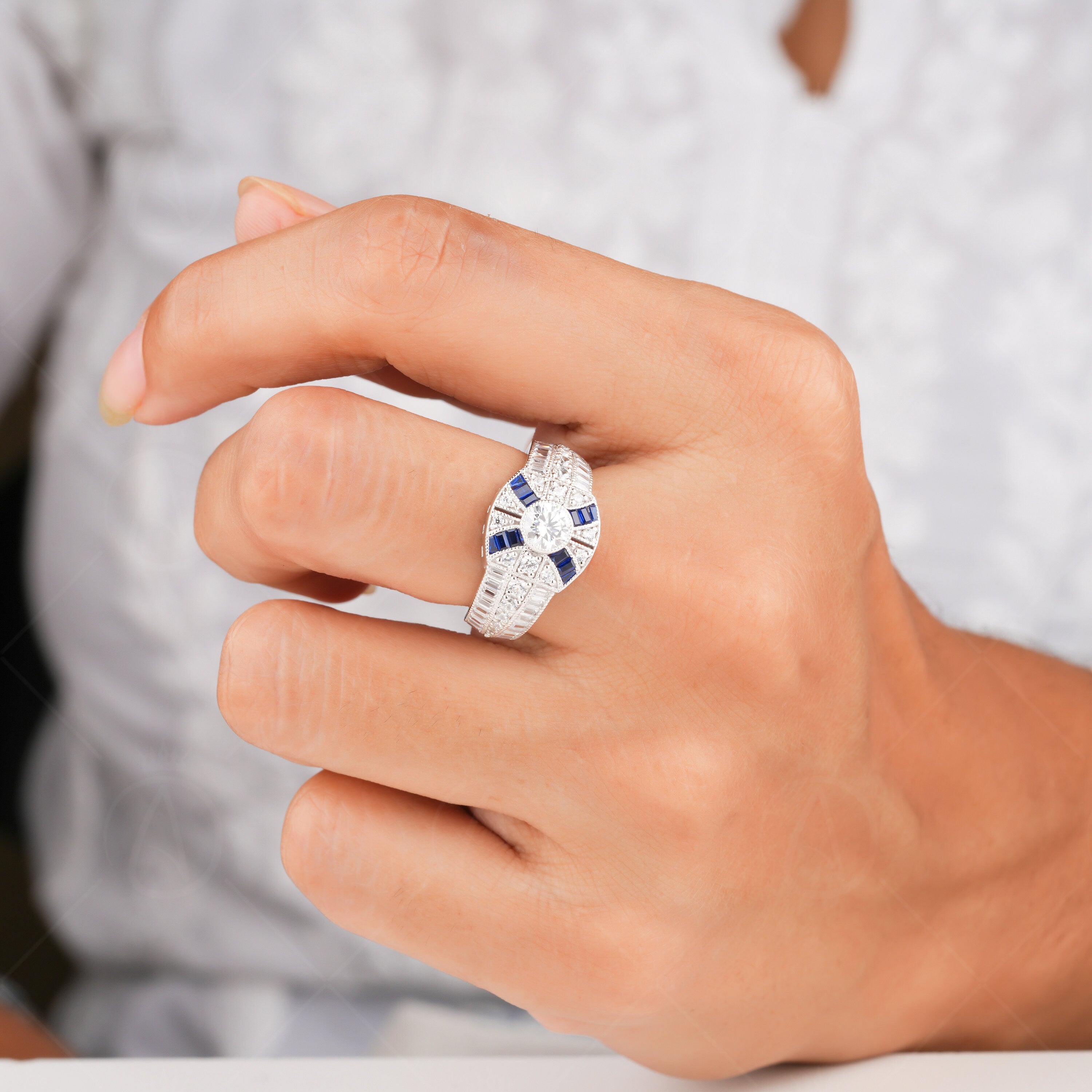 Estate Jewelry Rings For Women, Moissanite Art Deco Engagement Ring, Antique Sapphire Vintage Ring, Unique Anniversary Rings, Retro Victorian Style Ring