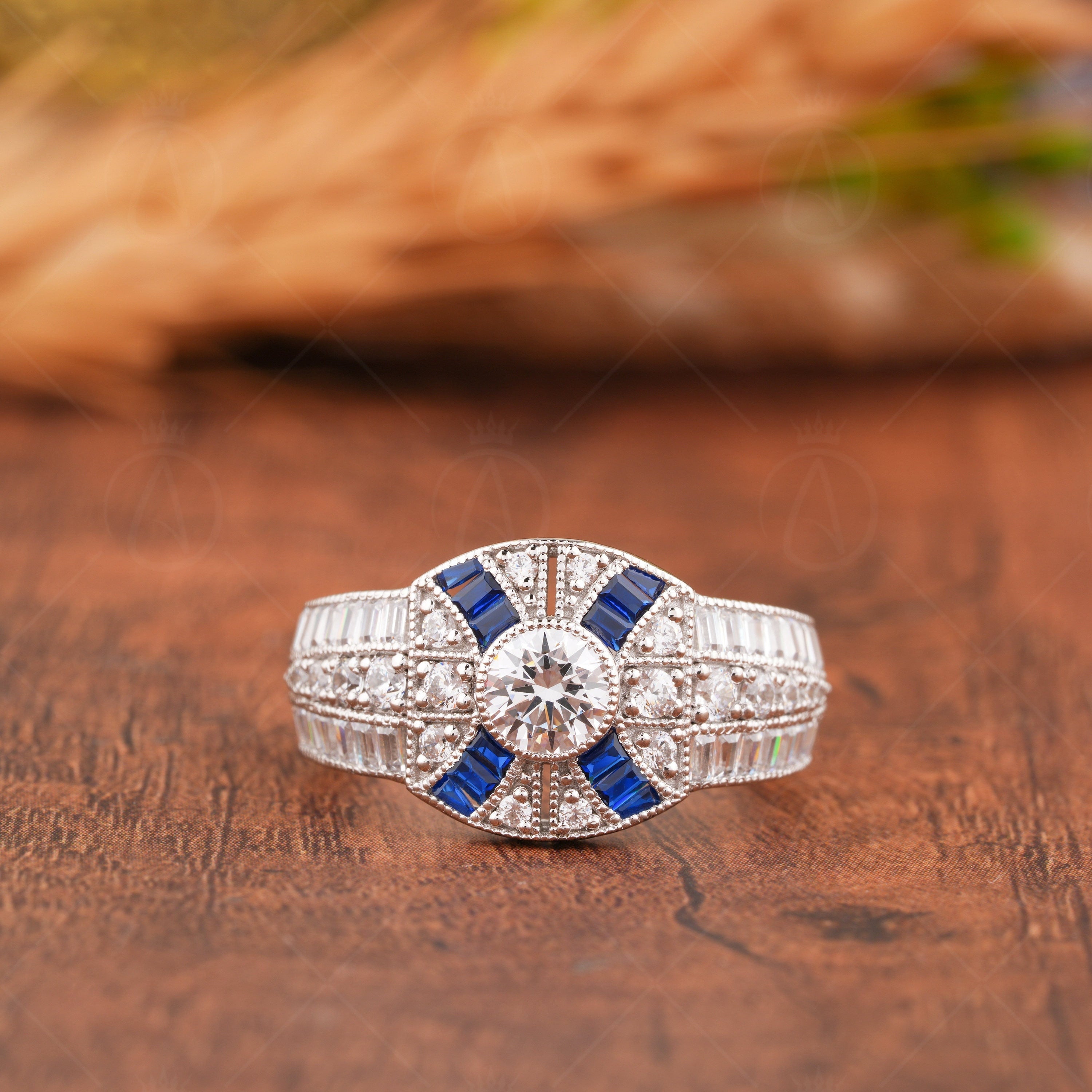 Estate Jewelry Rings For Women, Moissanite Art Deco Engagement Ring, Antique Sapphire Vintage Ring, Unique Anniversary Rings, Retro Victorian Style Ring