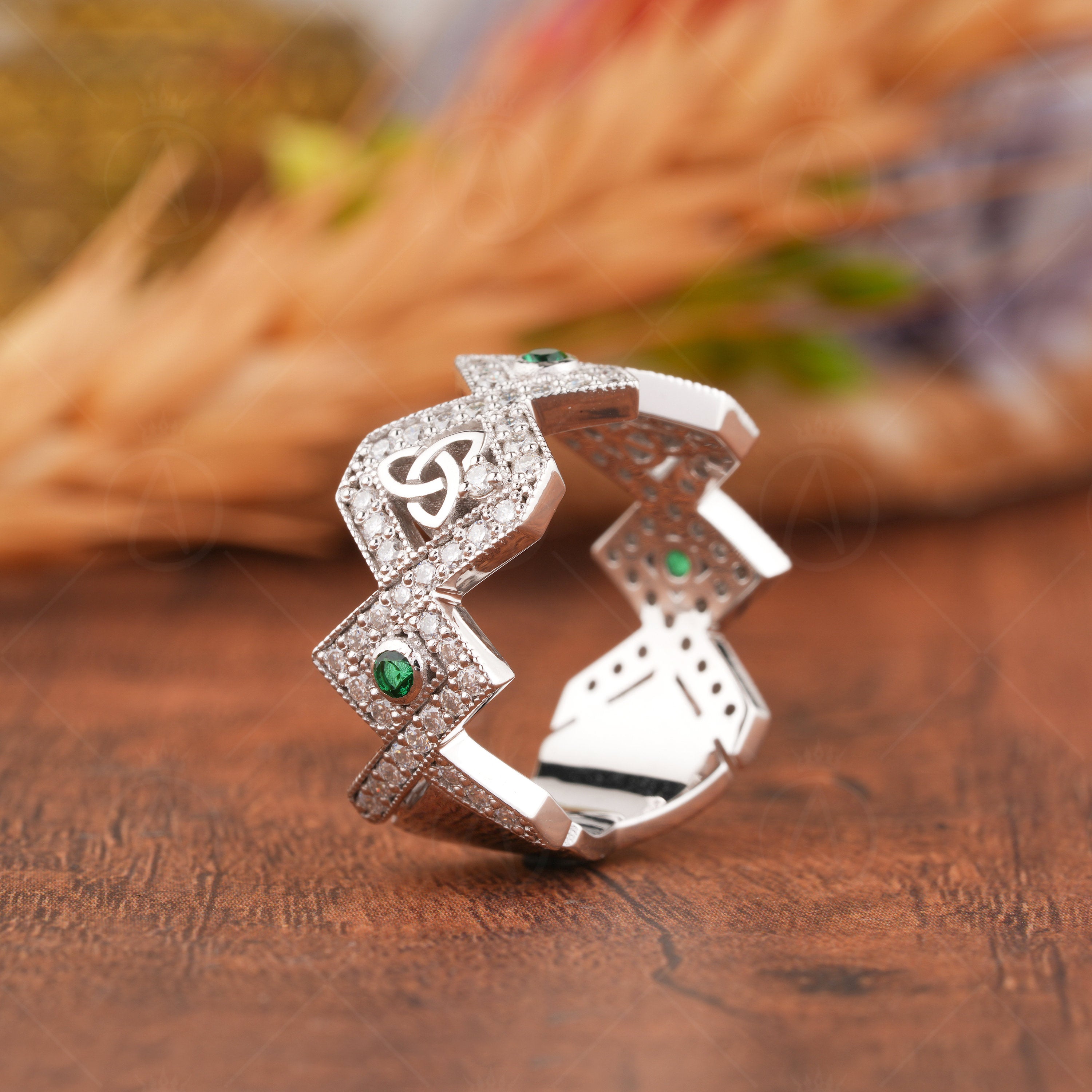 Moissanite Zig Zag Wedding Bands Women, Celtic Endless Knot Ring, Green Stone Wide Anniversary Rings, Art Deco Unique Band, Thick Band Ring