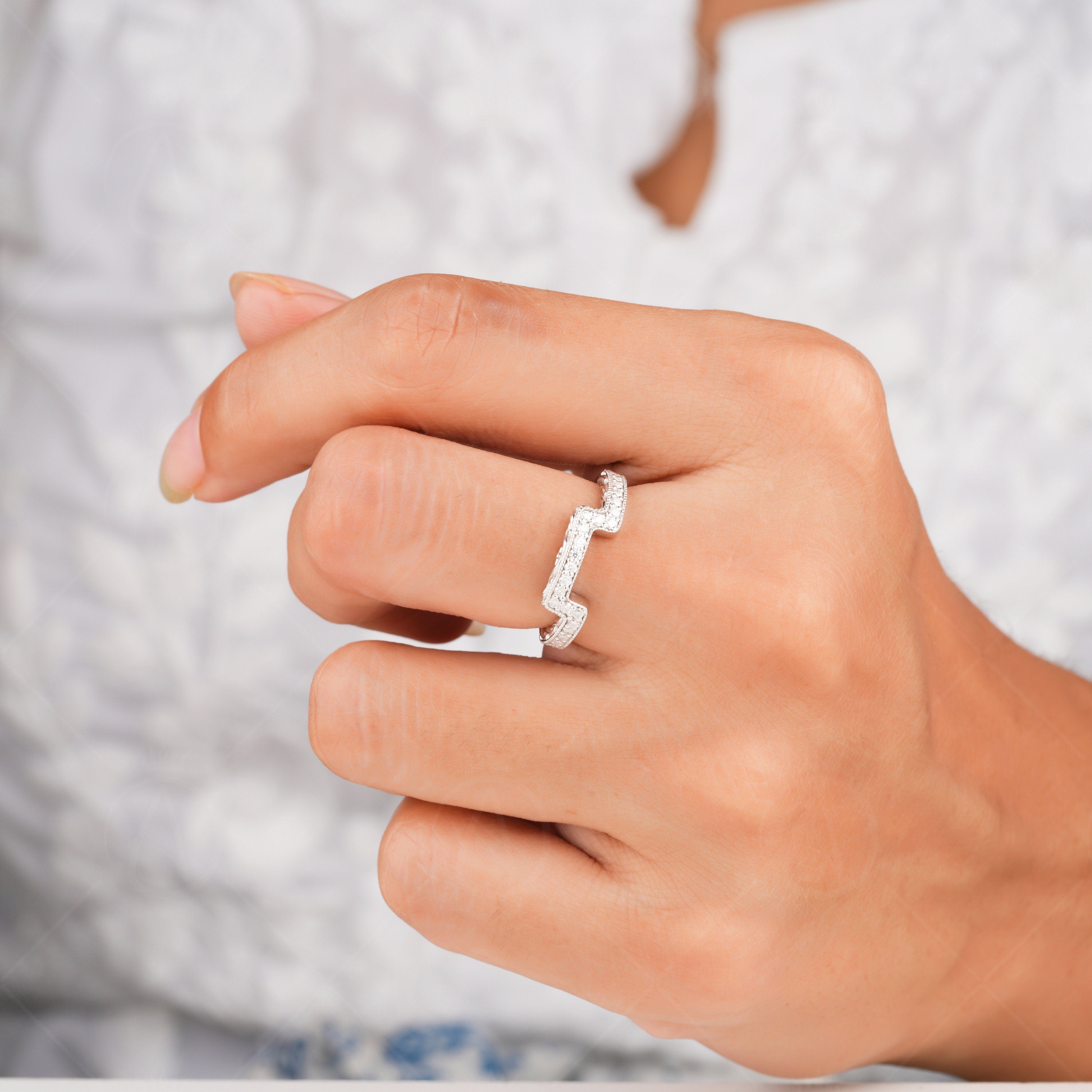 Antique Filigree Band, Curved Wedding Bands Women, Moissanite Curve Stacking Ring, Engraved Enhancer Ring, Carved Contour Stackable Rings