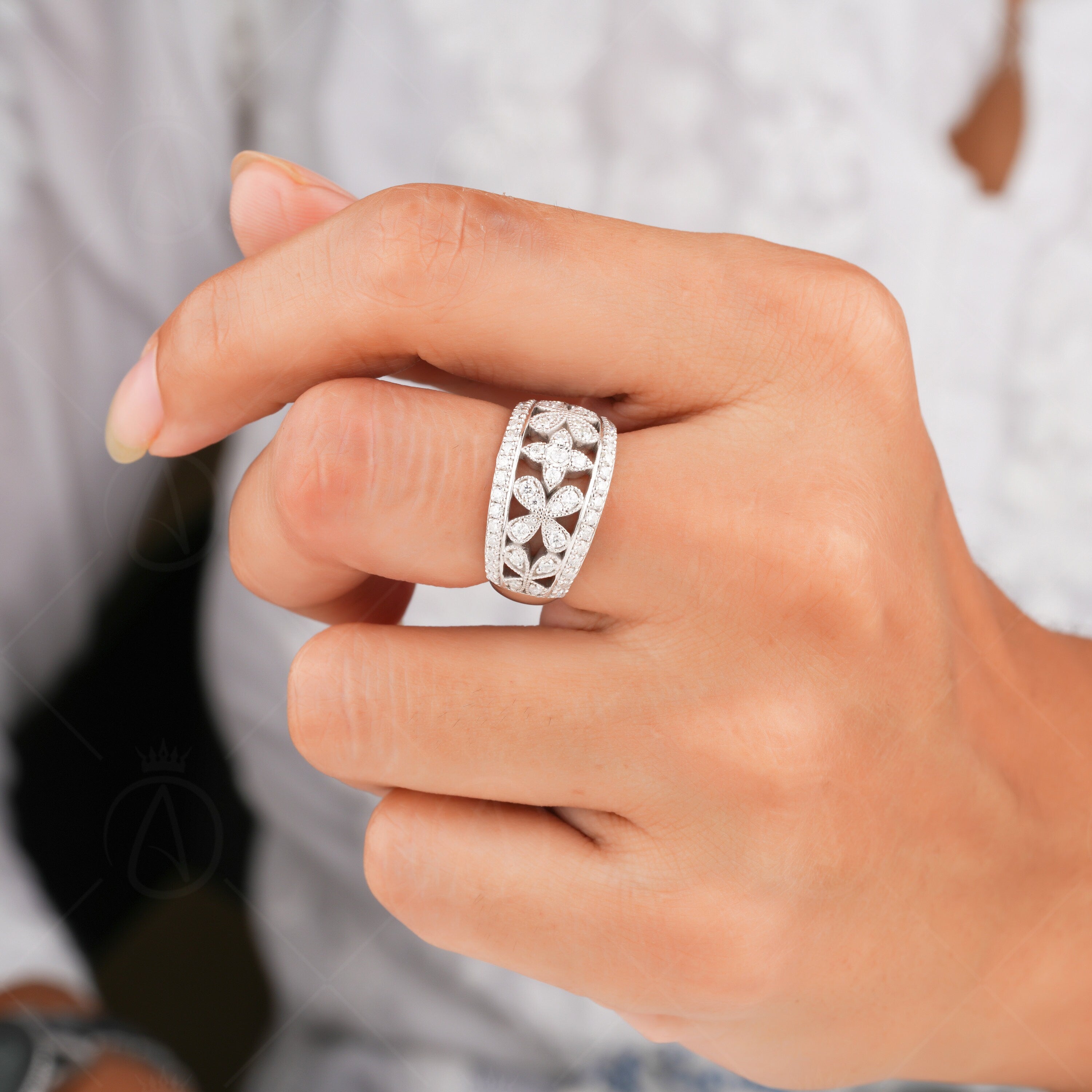 Art Deco Milgrain Wedding Band, Moissanite Wide Anniversary Rings For Women, Flower Style Filigree Band, Thick Nature Inspired Band Ring