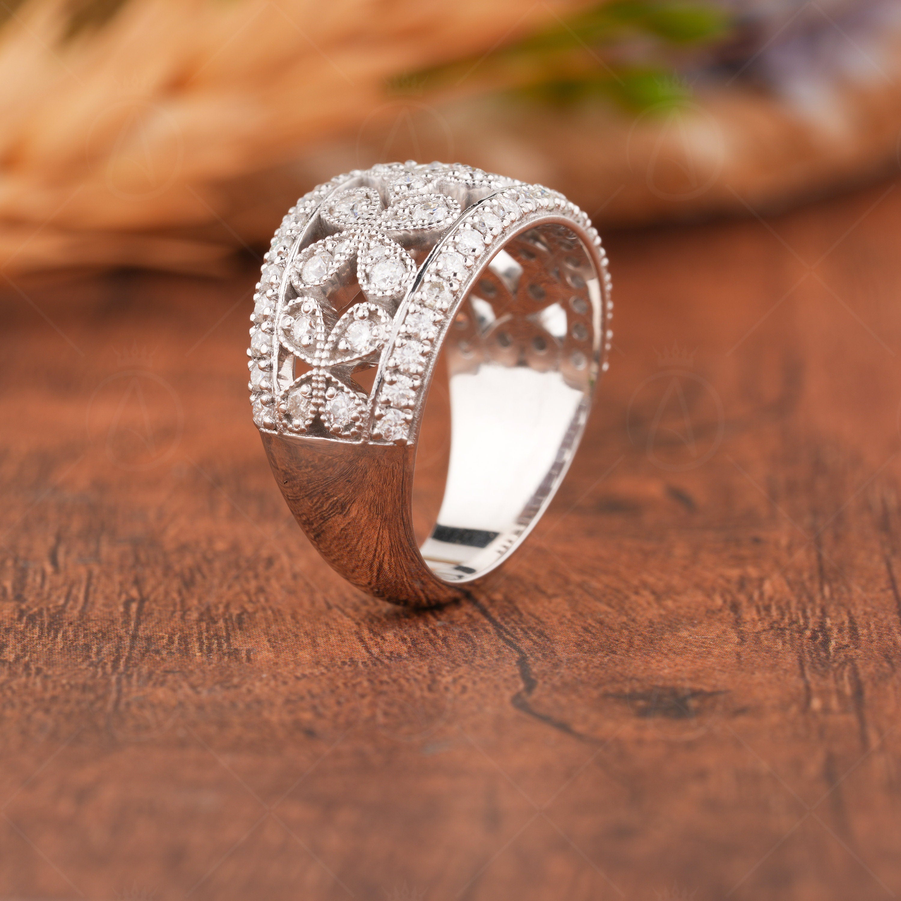 Art Deco Milgrain Wedding Band, Moissanite Wide Anniversary Rings For Women, Flower Style Filigree Band, Thick Nature Inspired Band Ring